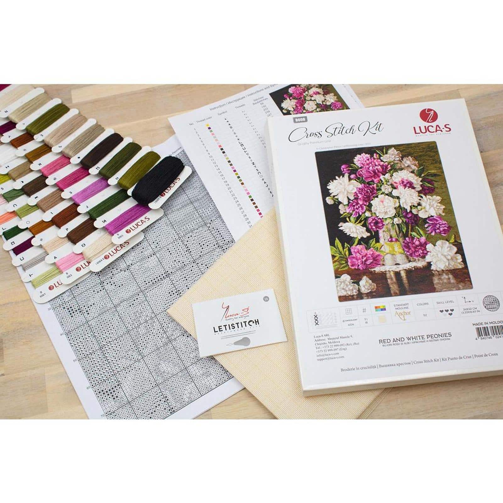 Luca-s Red And White Peonies Counted Cross Stitch Kit