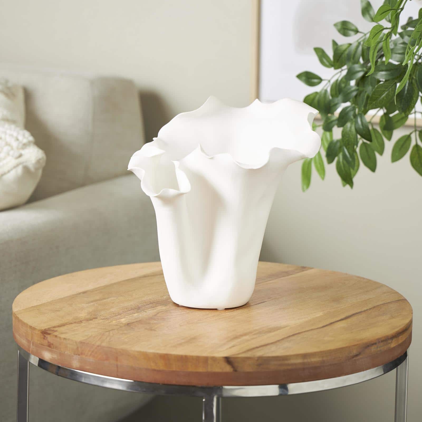 10.5" White Ceramic Abstract Floral Vase with Wavy Folded Rim