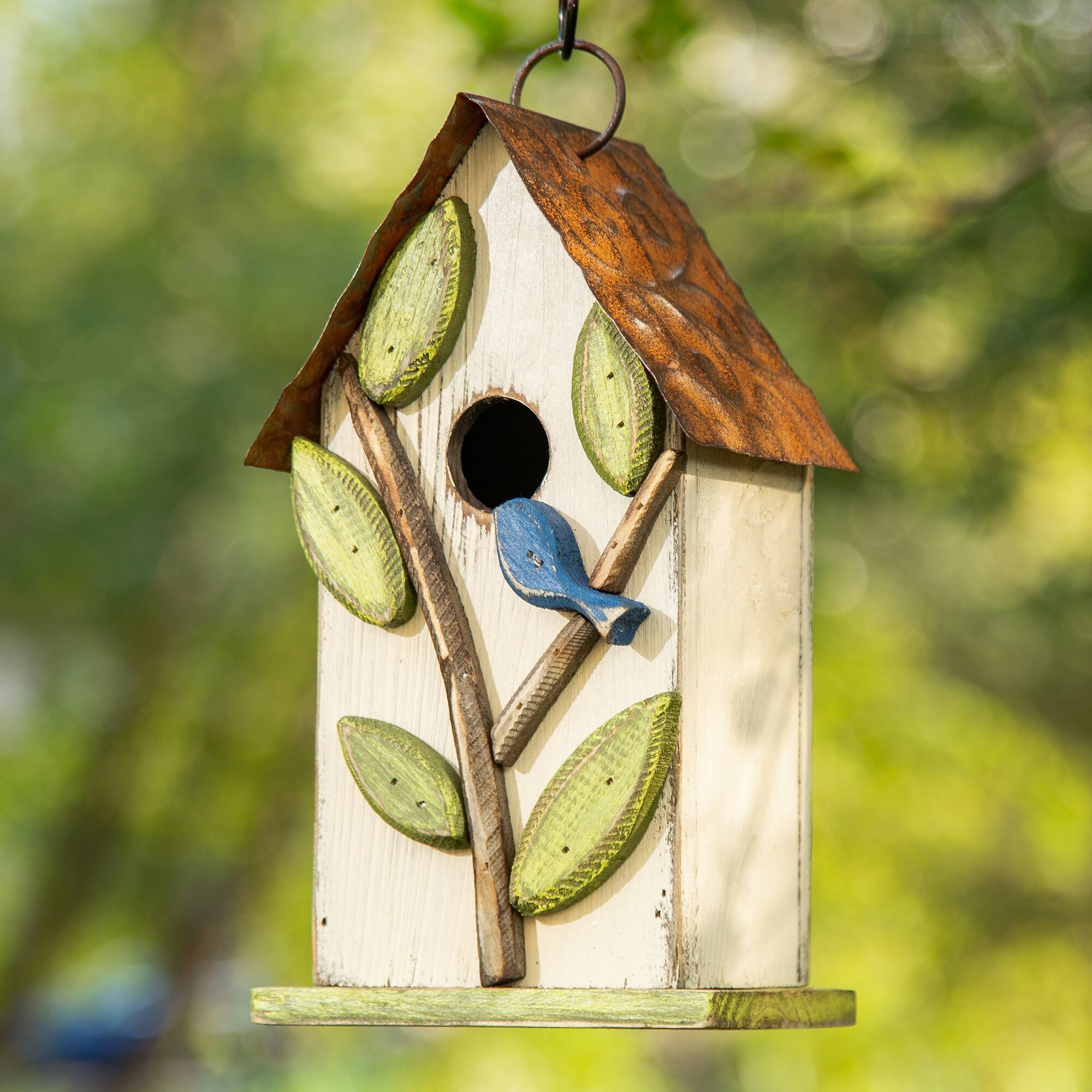 Glitzhome® 9.75" White Distressed Bird & Tree Birdhouse