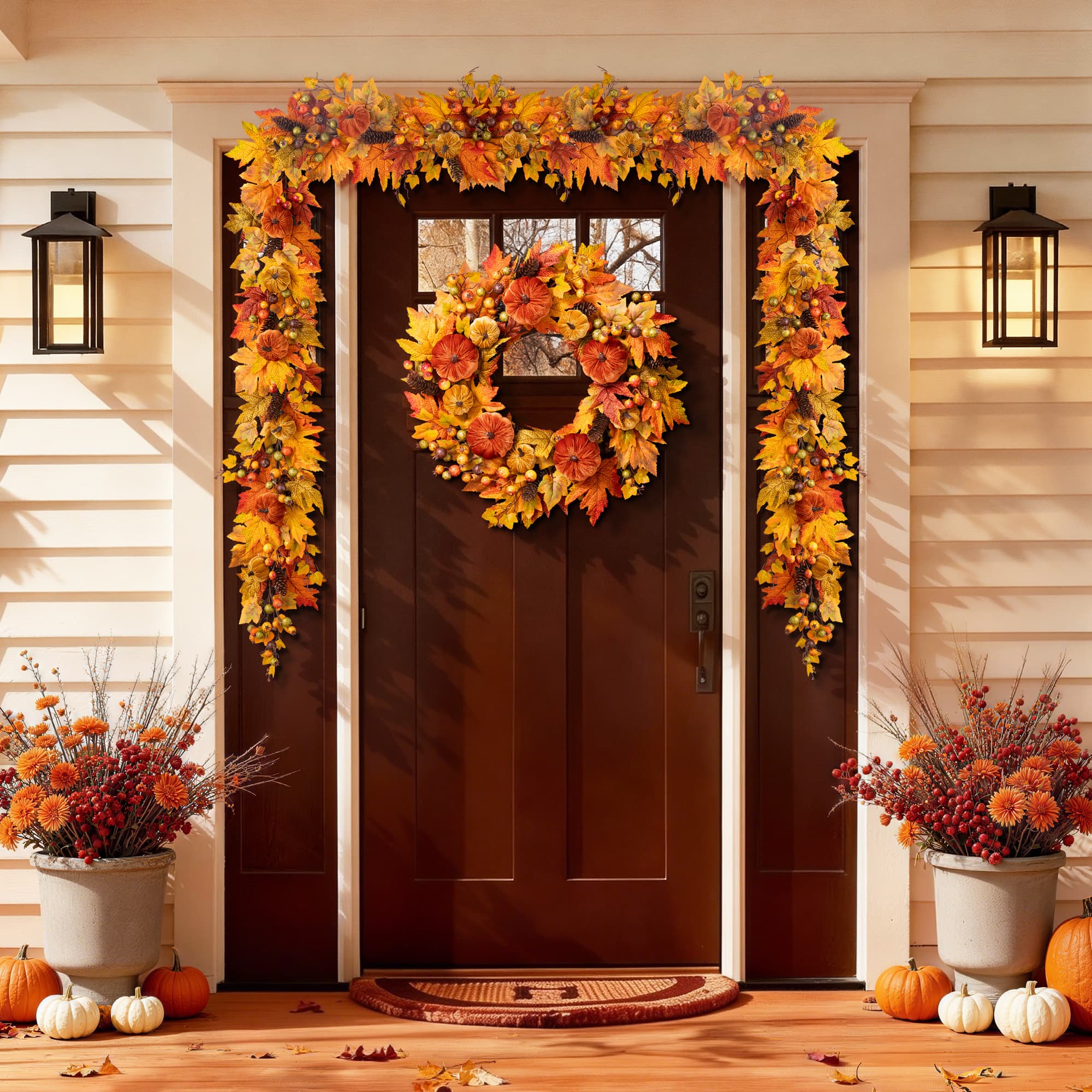 Glitzhome® 24" Fall Velvet Pumpkin, Pinecone & Berry Wreath with Black Metal Wreath Hanger