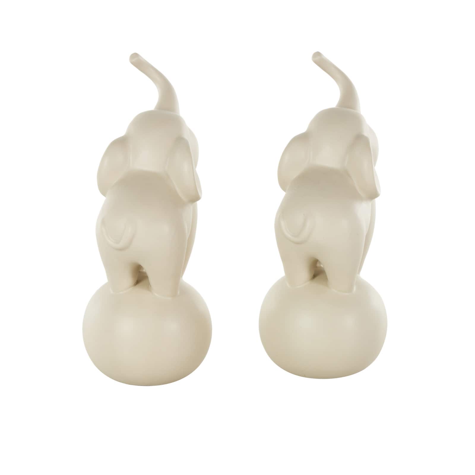 10.5" White Ceramic Elephant Trumpeting Decorative Sculpture with Round Base Set