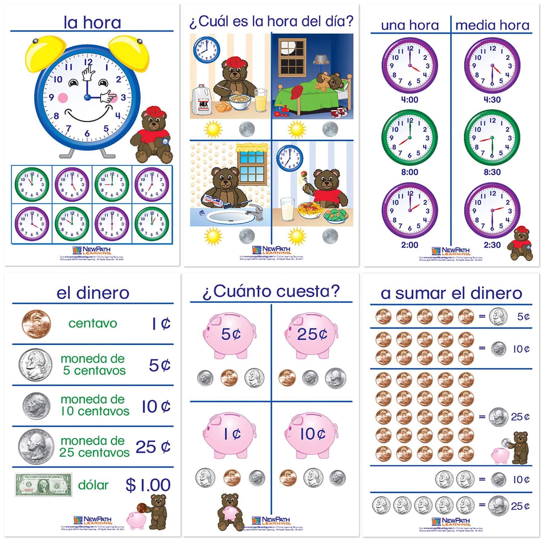 NewPath Learning® 12" x 18" Time & Money Bulletin Board Charts Set, Spanish Edition
