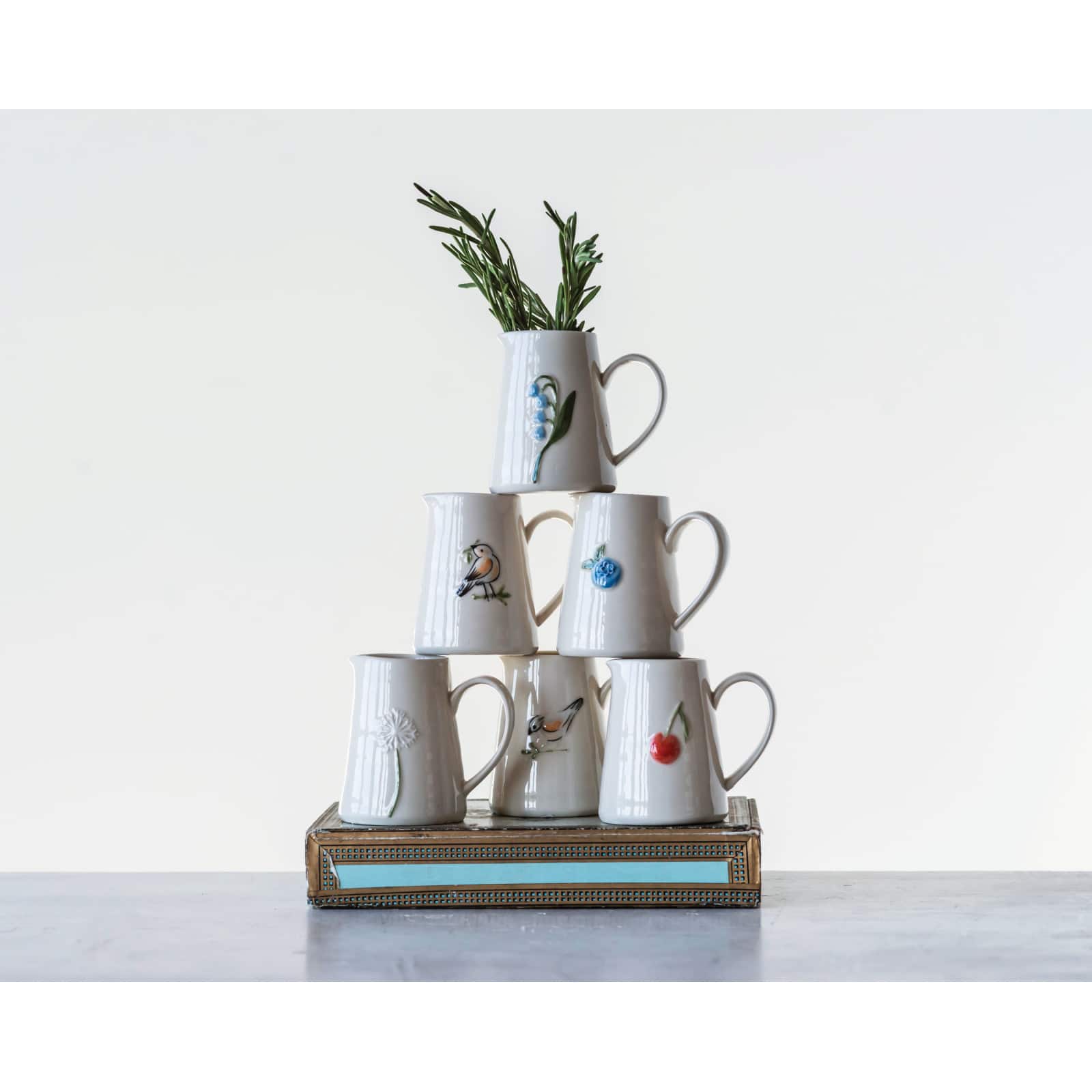 Hello Honey® White Stoneware Creamer with Hand-Painted & Embossed Birds Set