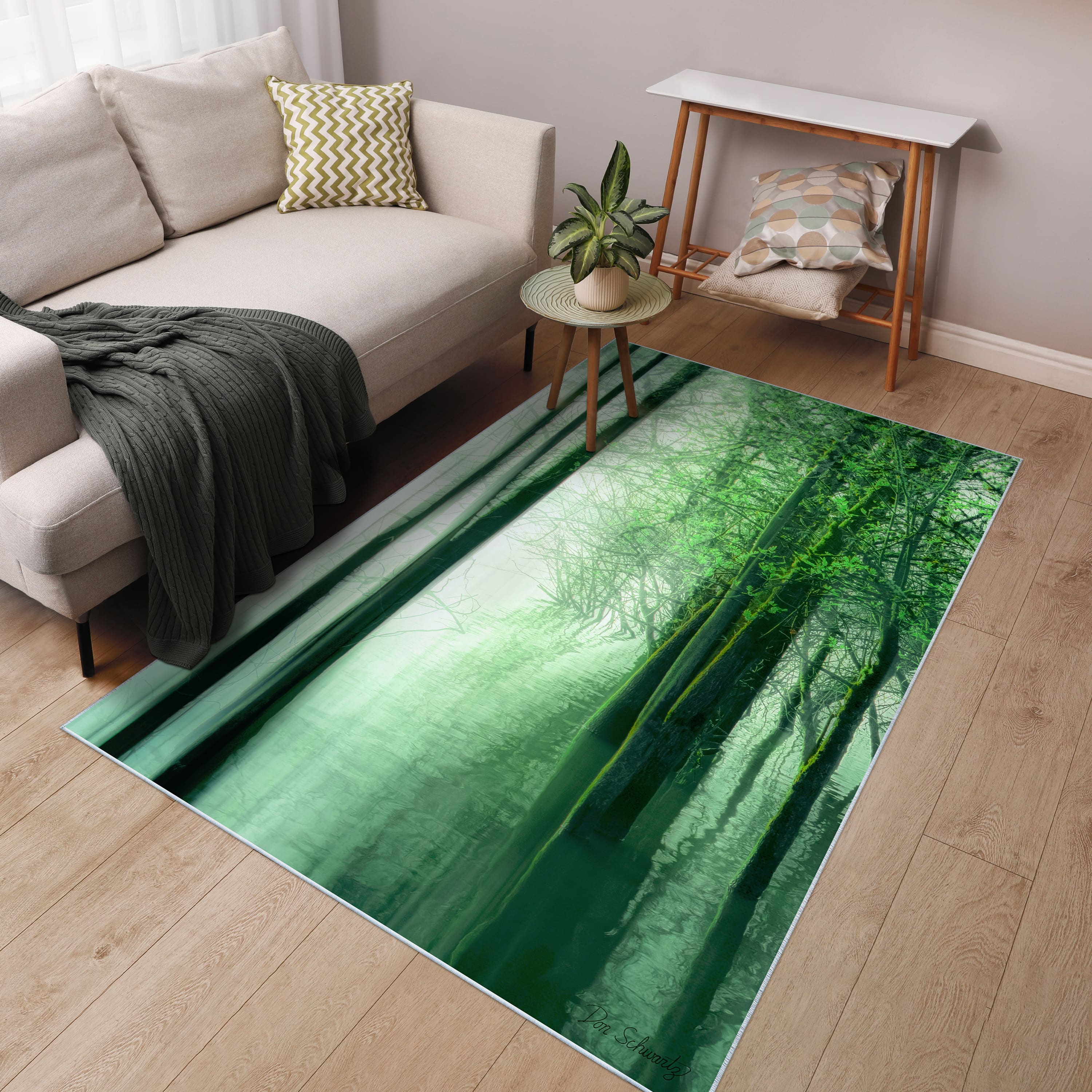 Empire Art Direct 5ft. x 7.5ft. Green Forest in the Lake Tapis D'Art Washable Area Rug