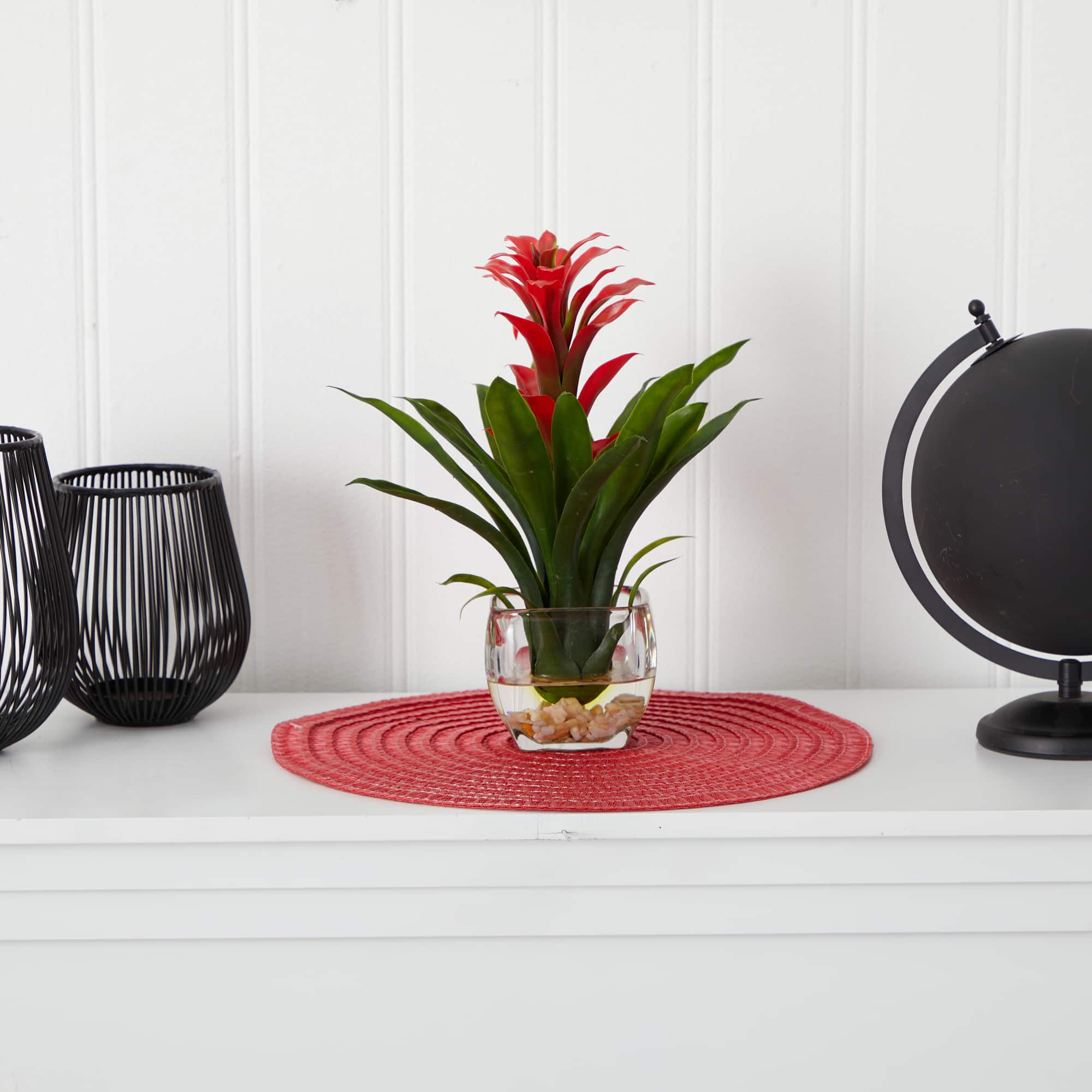 12" Red Bromeliad Arrangement in Glass Vase