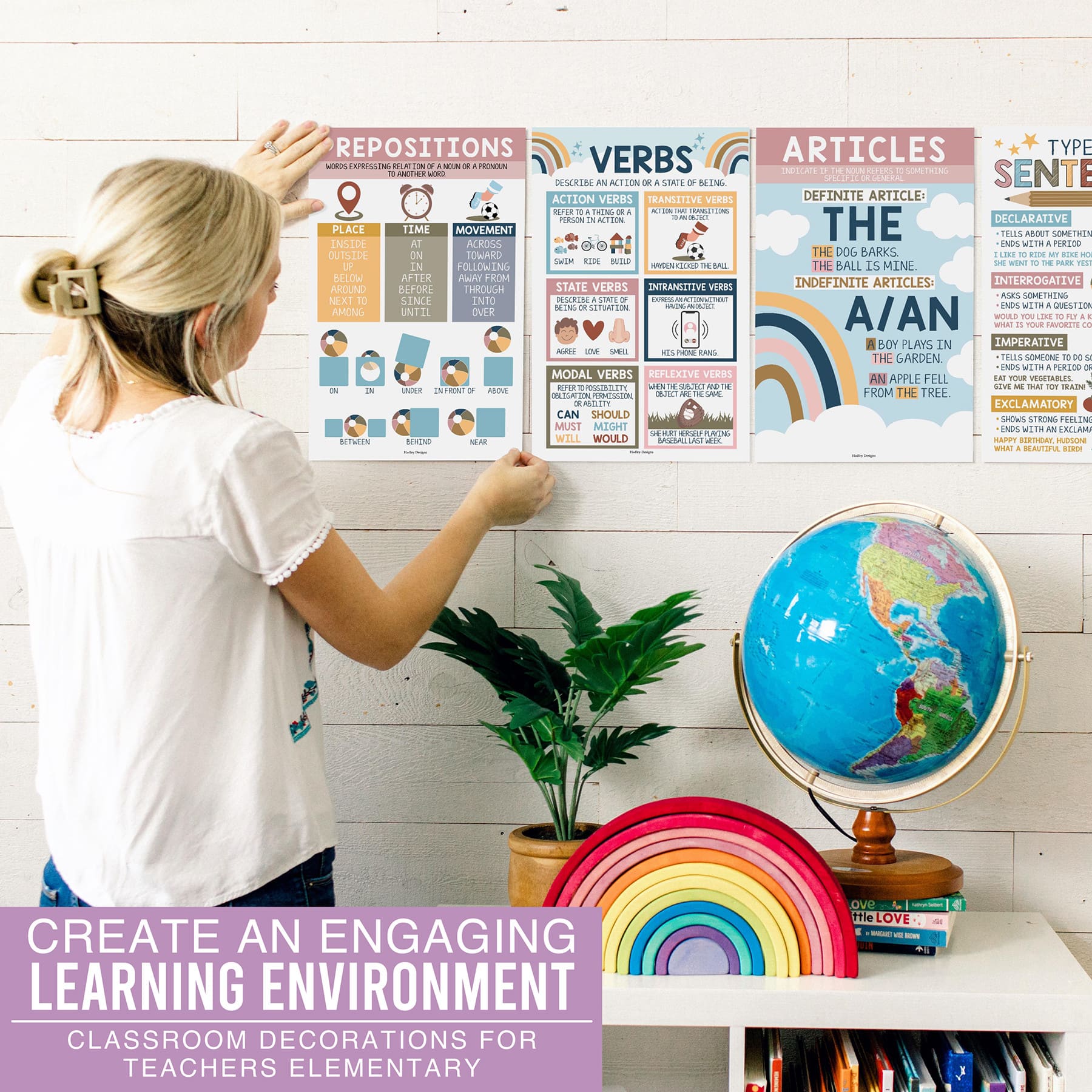 Hadley Designs 11" x 17" Boho Parts of Speech Language Arts and Grammar Laminated Posters Set