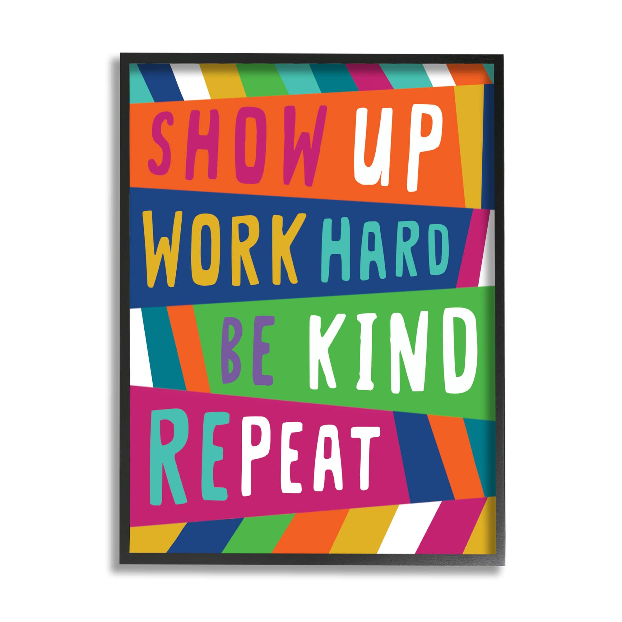 Stupell Industries Show Up Work Hard Phrase Pop Stripe Pattern in Black Frame Wall Art