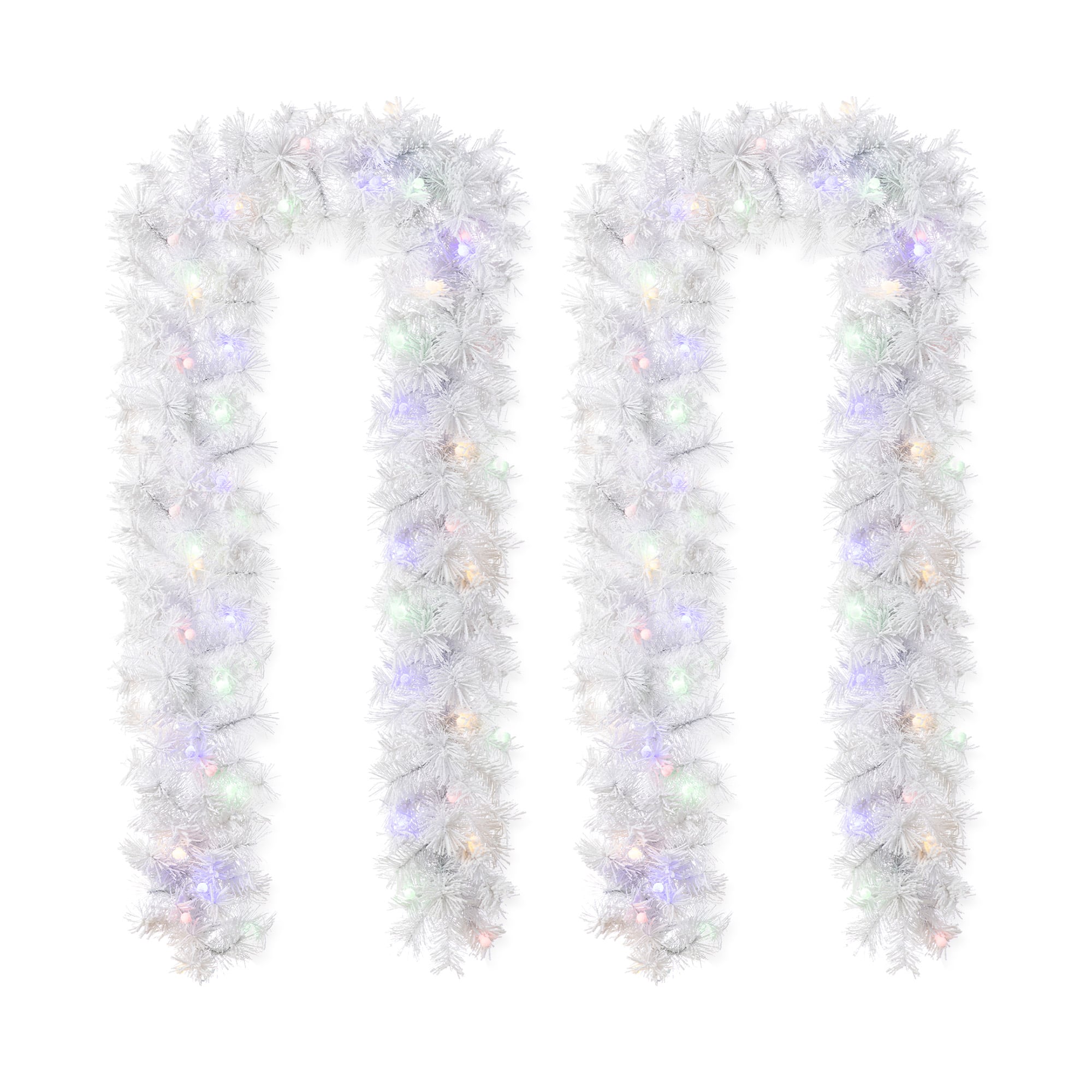 Glitzhome® 9ft. Pre-Lit Flocked White Pine Christmas Garland with 50 Warm White & Multi-color Lights and Timer, Set of 2