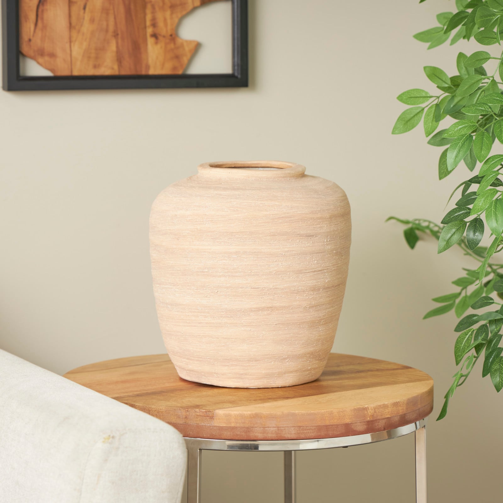 12" Beige Ceramic Wide Textured Vase
