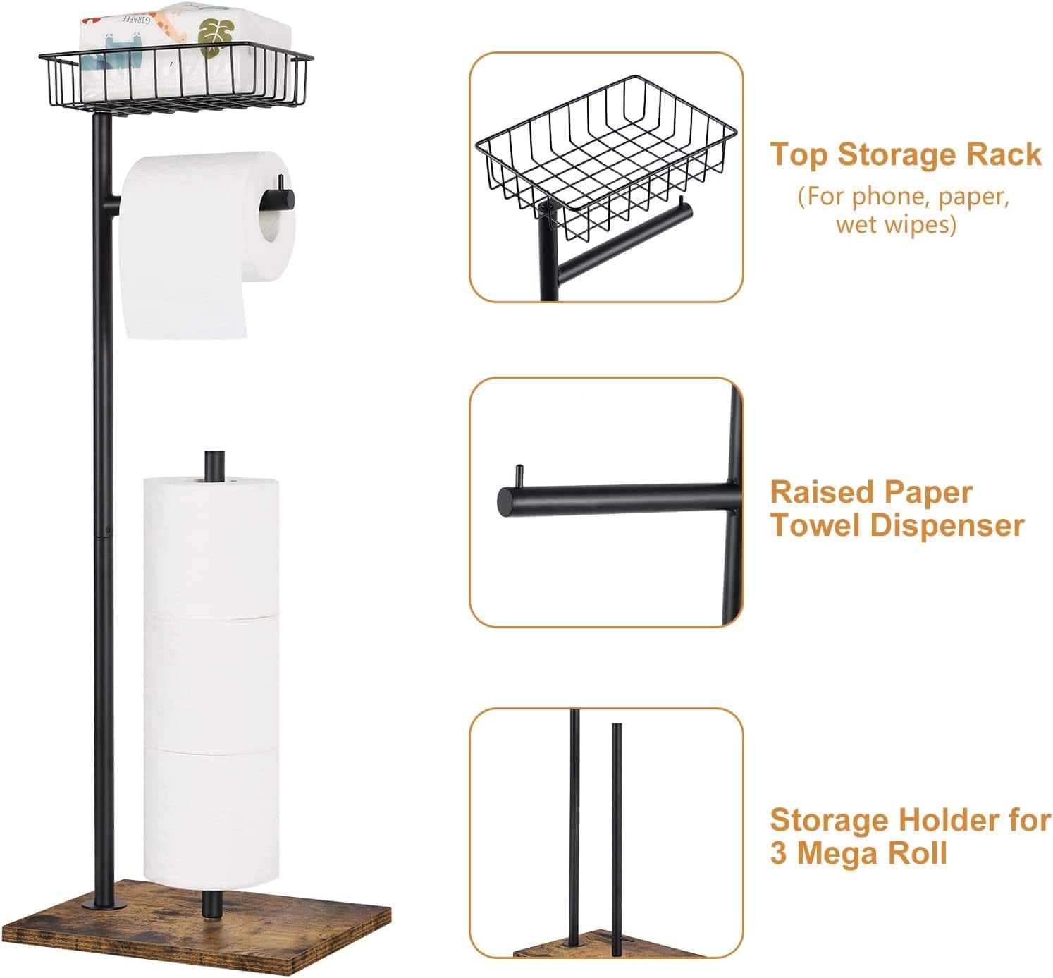 Black Freestanding Toilet Paper Holder Stand with Basket
