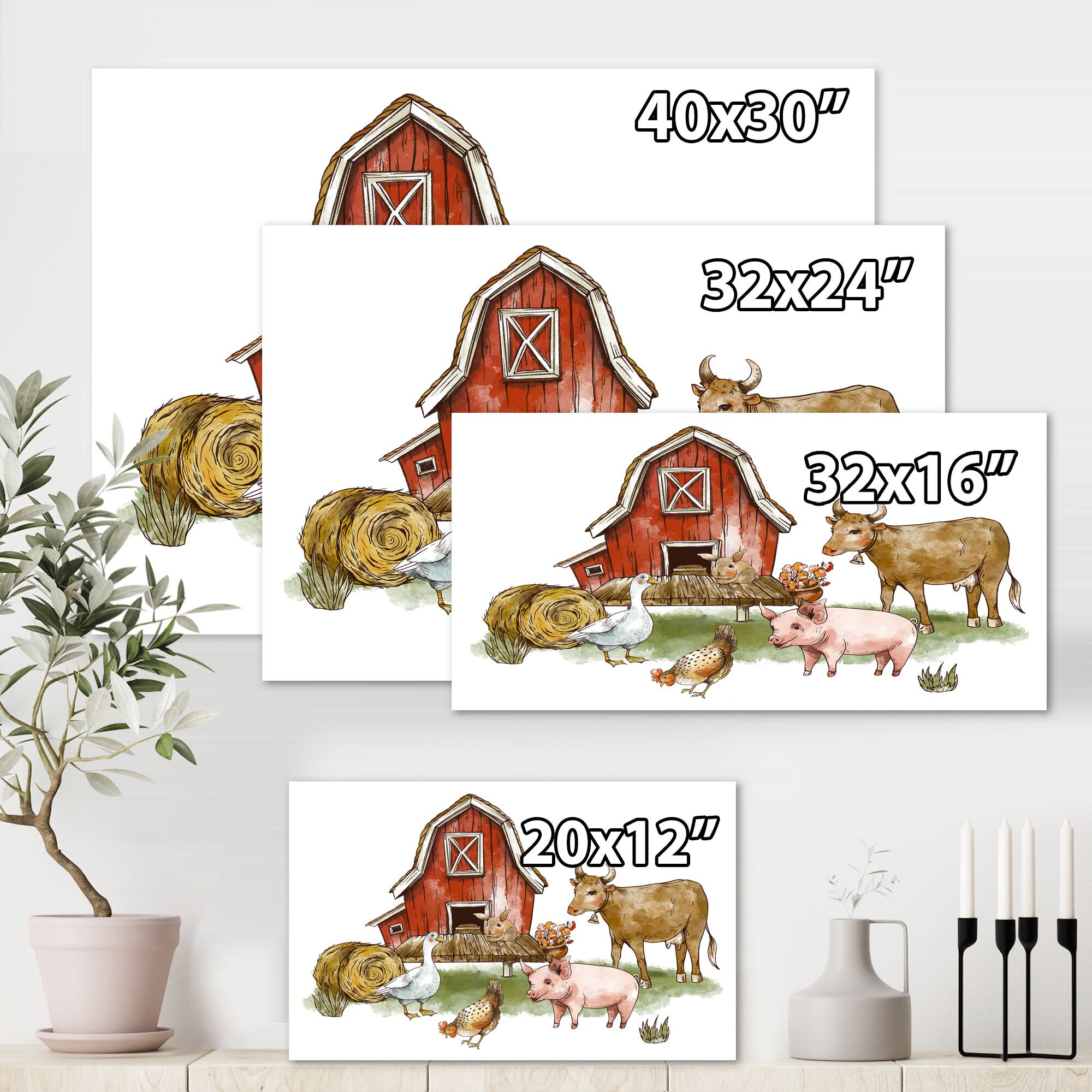 Designart - Farm House With Goose Chicken Cow Pig and Haystack - Rustic Canvas Wall Art Print