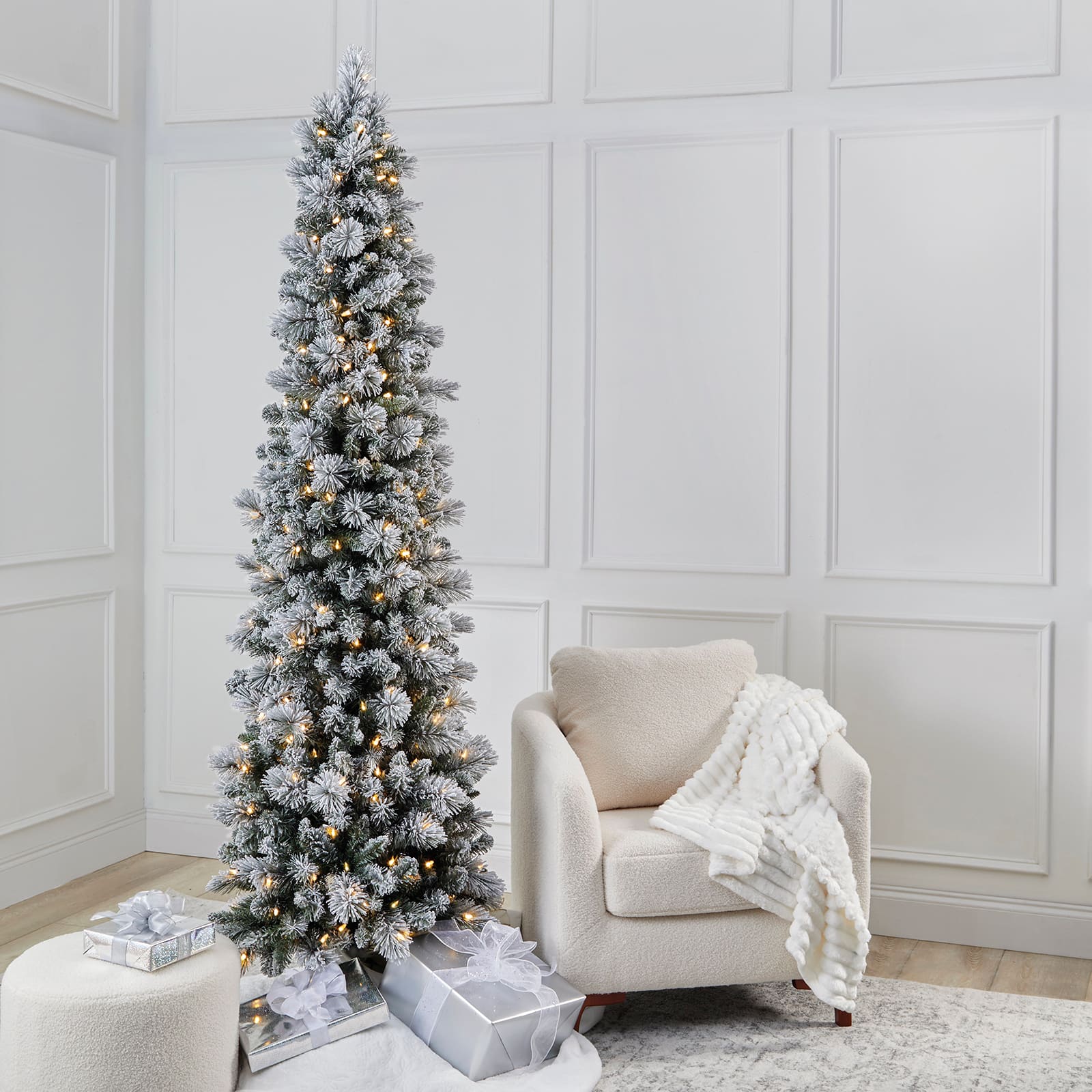 7ft. Pre-Lit Flocked Slim Artificial Christmas Tree, Warm White Twinkle LED Lights by Ashland®