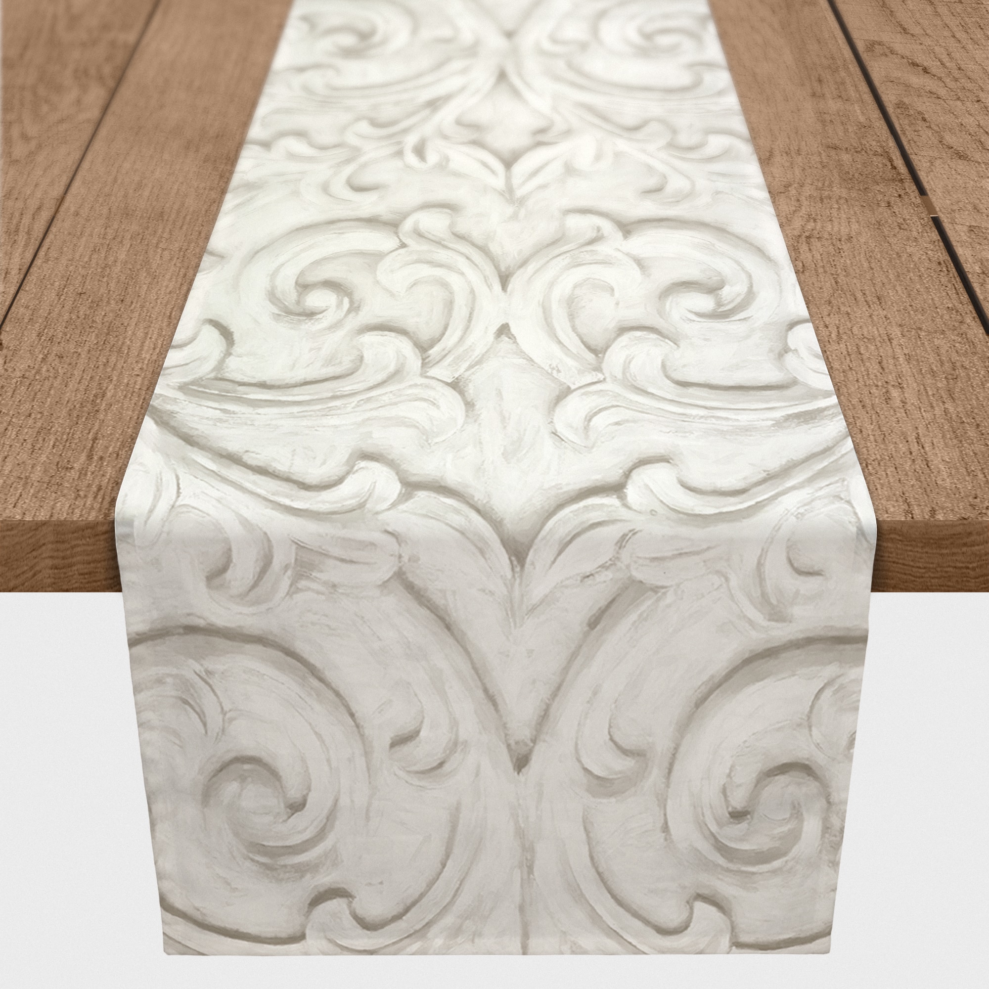 90" White Ornate Carved Pattern Cotton Twill Table Runner