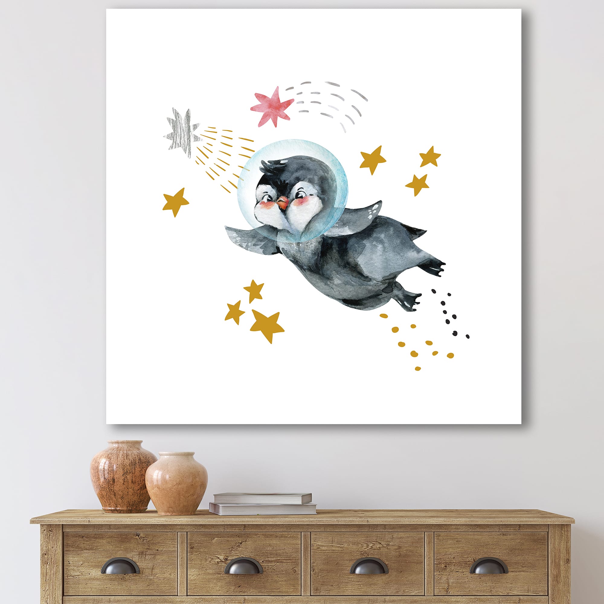 Designart - Little Penguin Flying Stars and Planets I