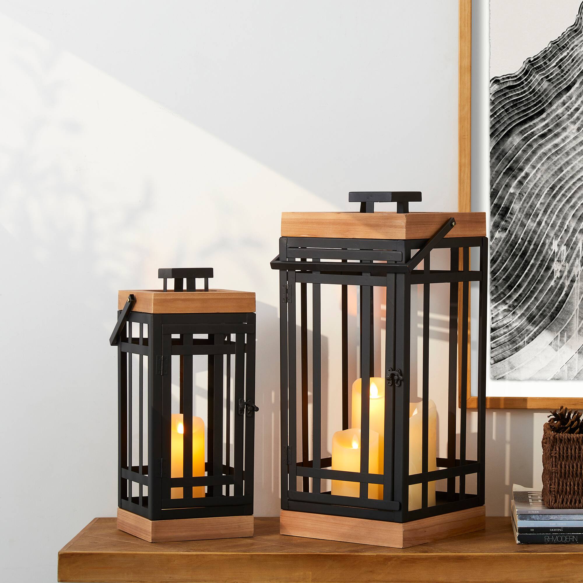 Glitzhome® Black Modern Square Metal & Wood Lanterns Set