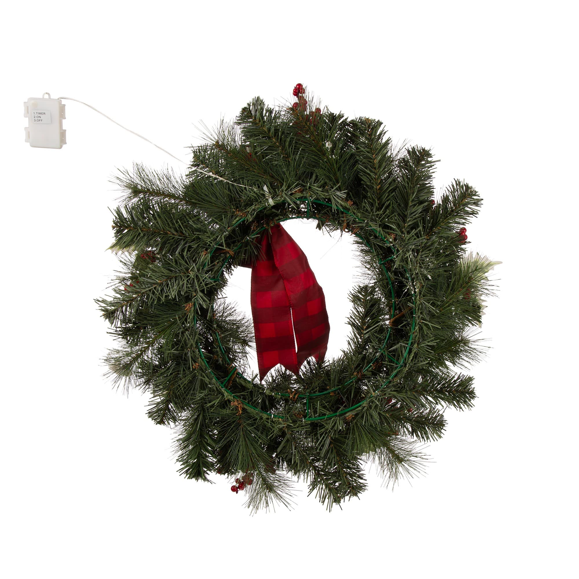Glitzhome 24" Pre-Lit Buffalo Check Bow, Berry, Holly & Pinecone LED Wreath