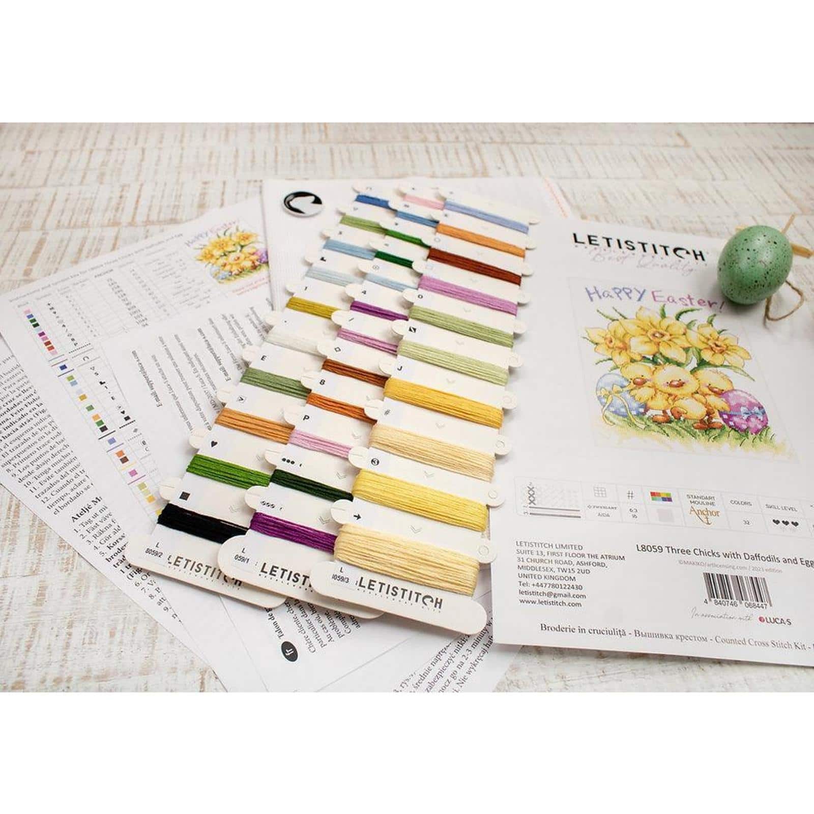 LetiStitch Three Chicks with Daffodils & Egg Counted Cross Stitch Kit