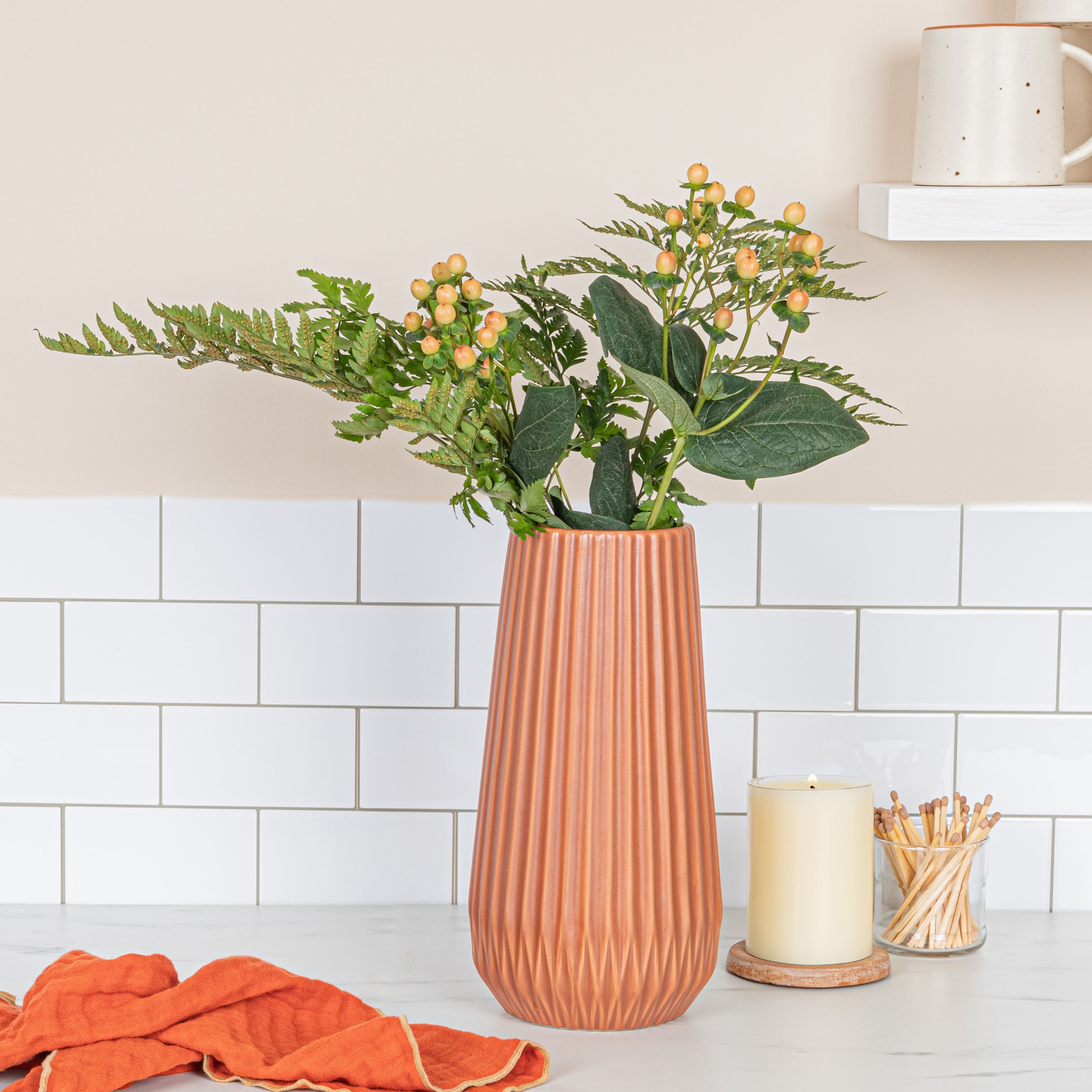 Hello Honey® 11.4" Matte Terra Cotta Round Stoneware Fluted Vase with Embossed Lines