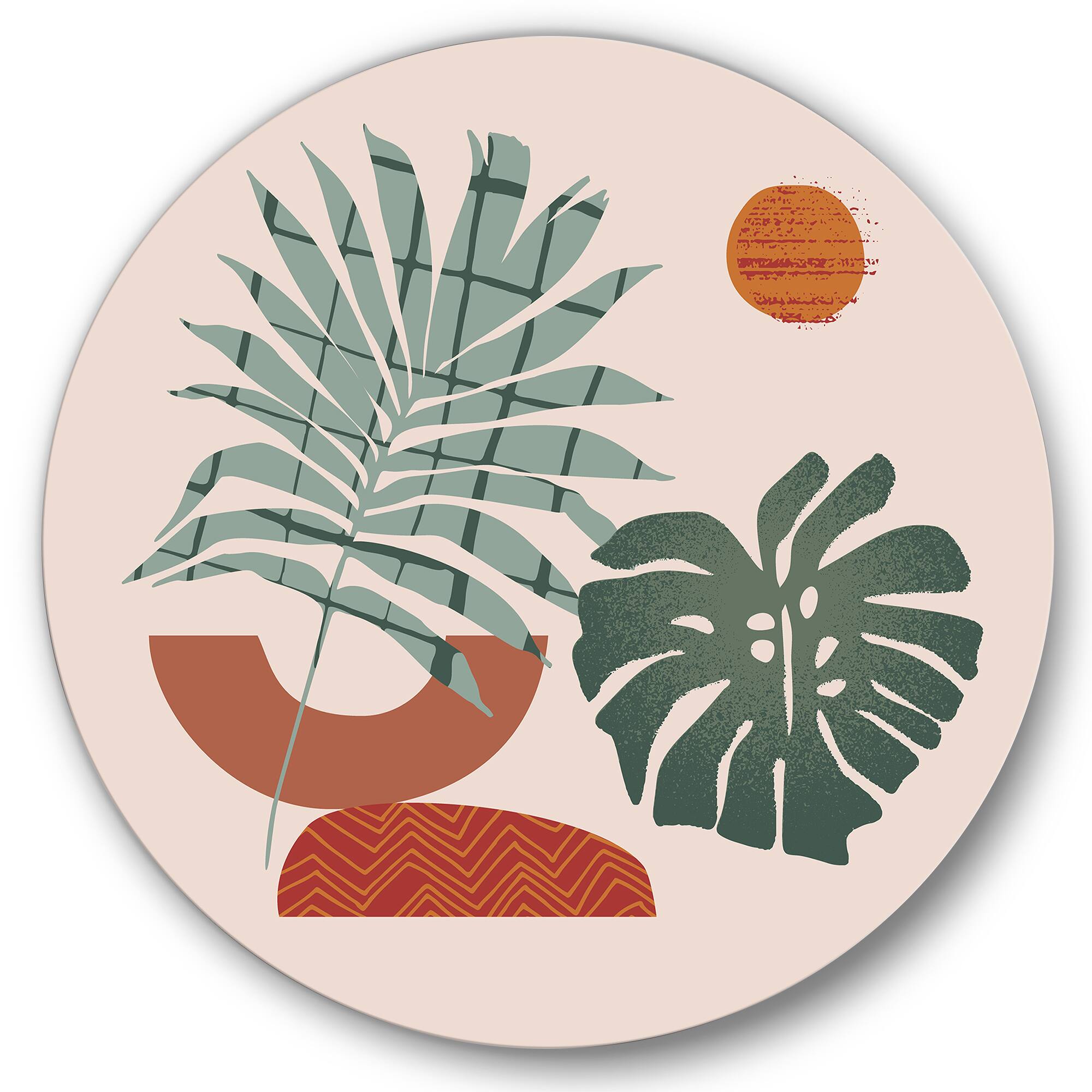 Designart - Moon & Sun Shapes In Retro Green & Terracotta Tone - Modern Metal Circle Wall Art