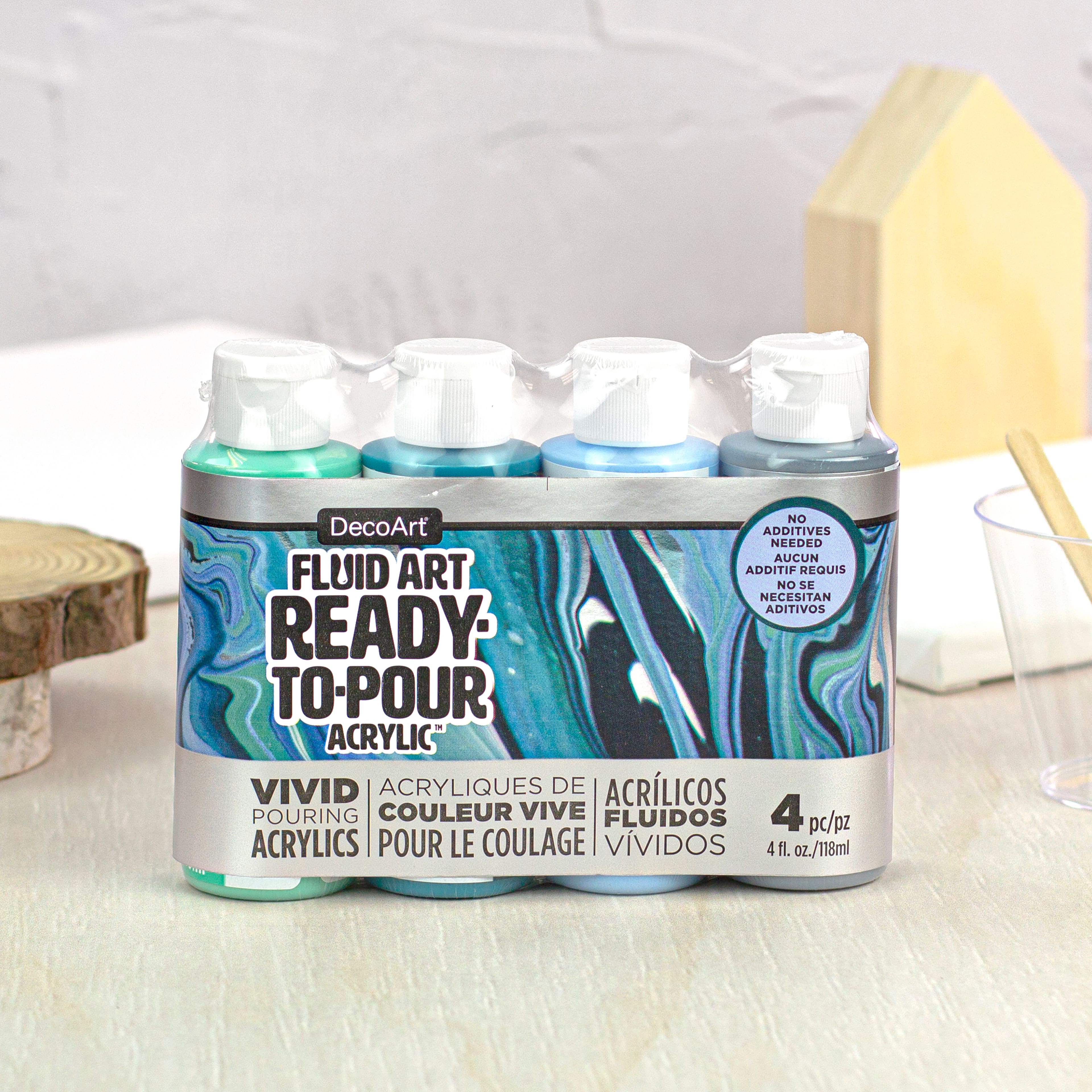 6 Packs: 4 ct. (24 total) DecoArt® Fluid Art Ready to Pour Acrylic™ Silver Seas Paint Pack