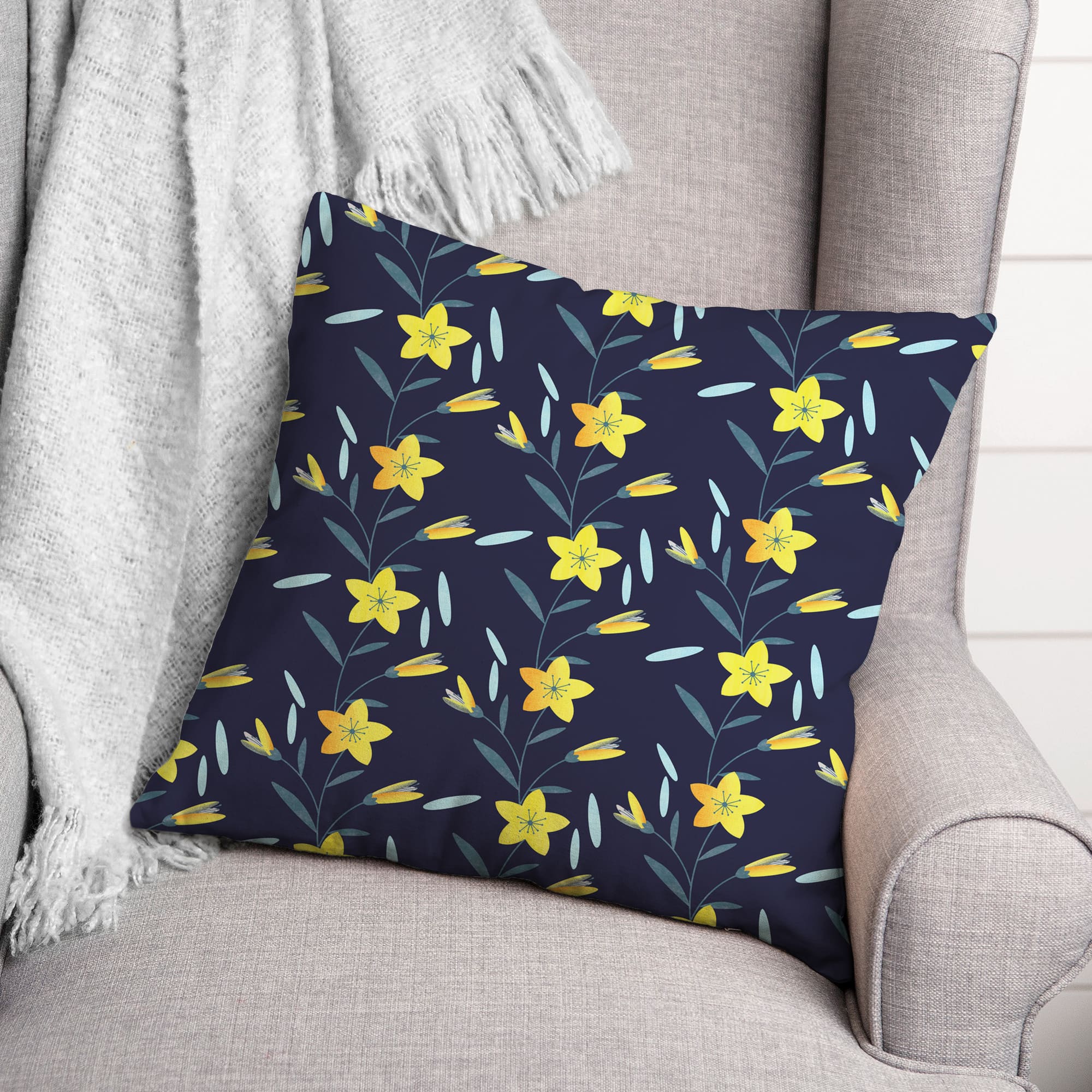 Linear Floral Print Throw Pillow
