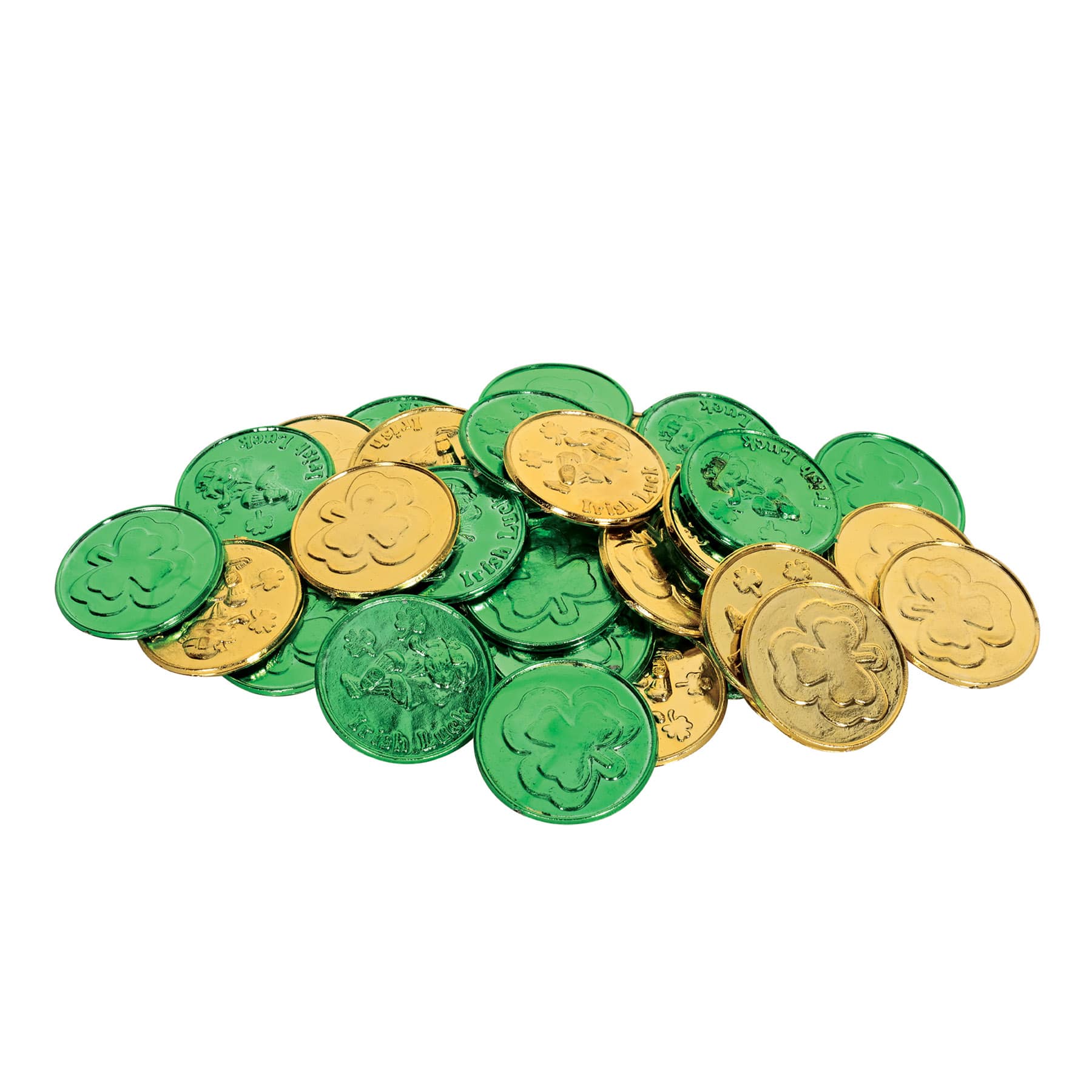 Besitle 1.5" Green & Gold Plastic Lucky Leprechaun & Shamrock Coins, 40ct.