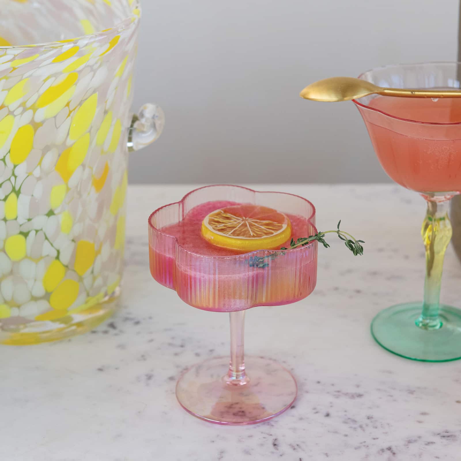 Hello Honey 6-Ounce Hand-Blown Pleated Flower Shaped Stemmed Coupe Glass, Iridescent Finish and Pink, Set of 6