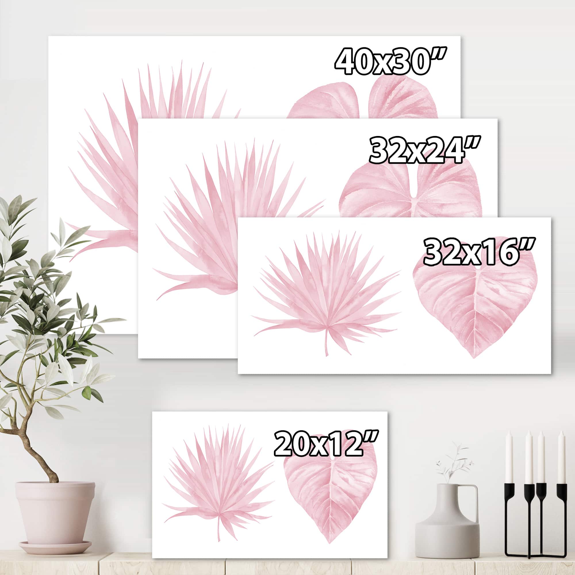 Designart - Tropical Pink Watercolour Leaves II - Shabby Chic Canvas Wall Art Print