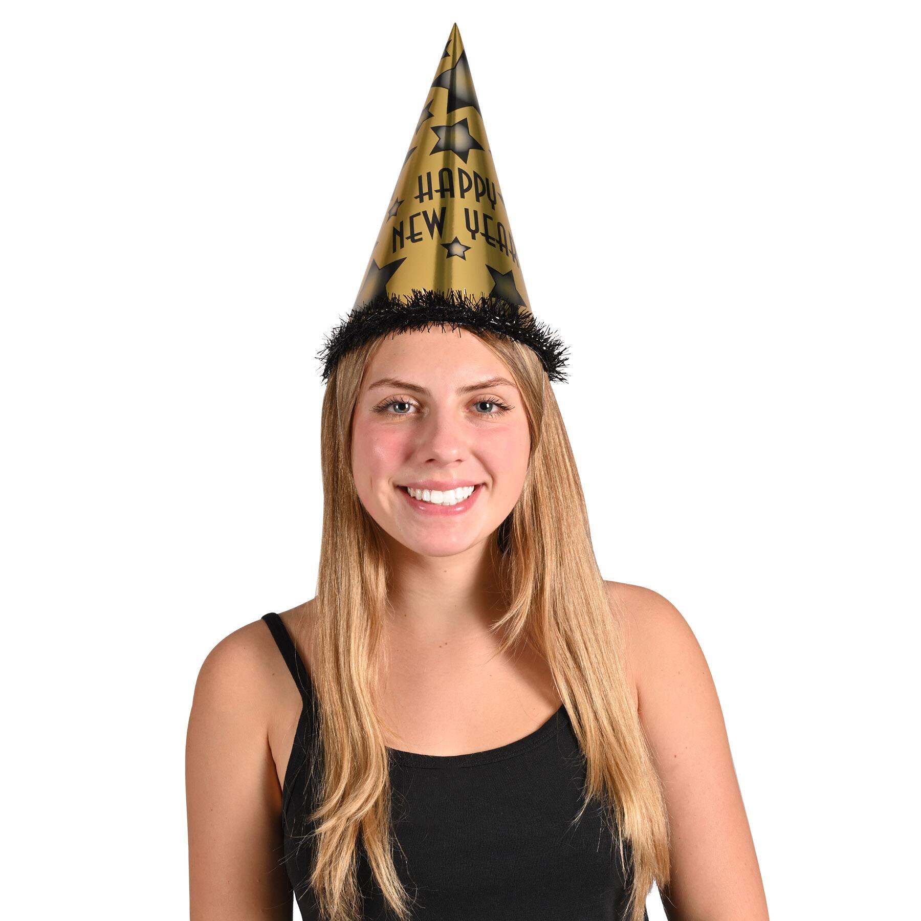 Beistle Black & Gold Happy New Year Party Hats, 25ct.