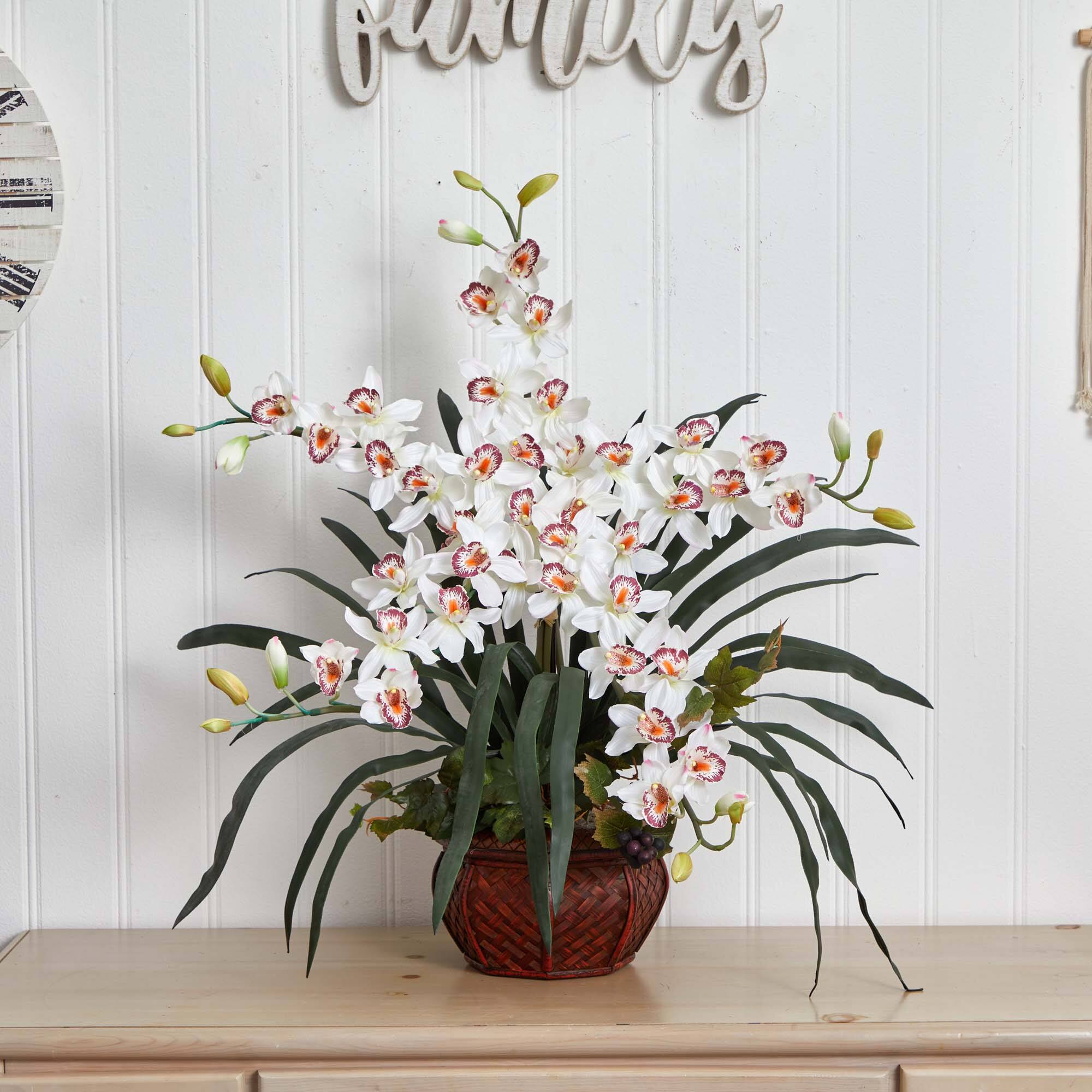 30" White Silk Cymbidium Arrangement with Decorative Vase