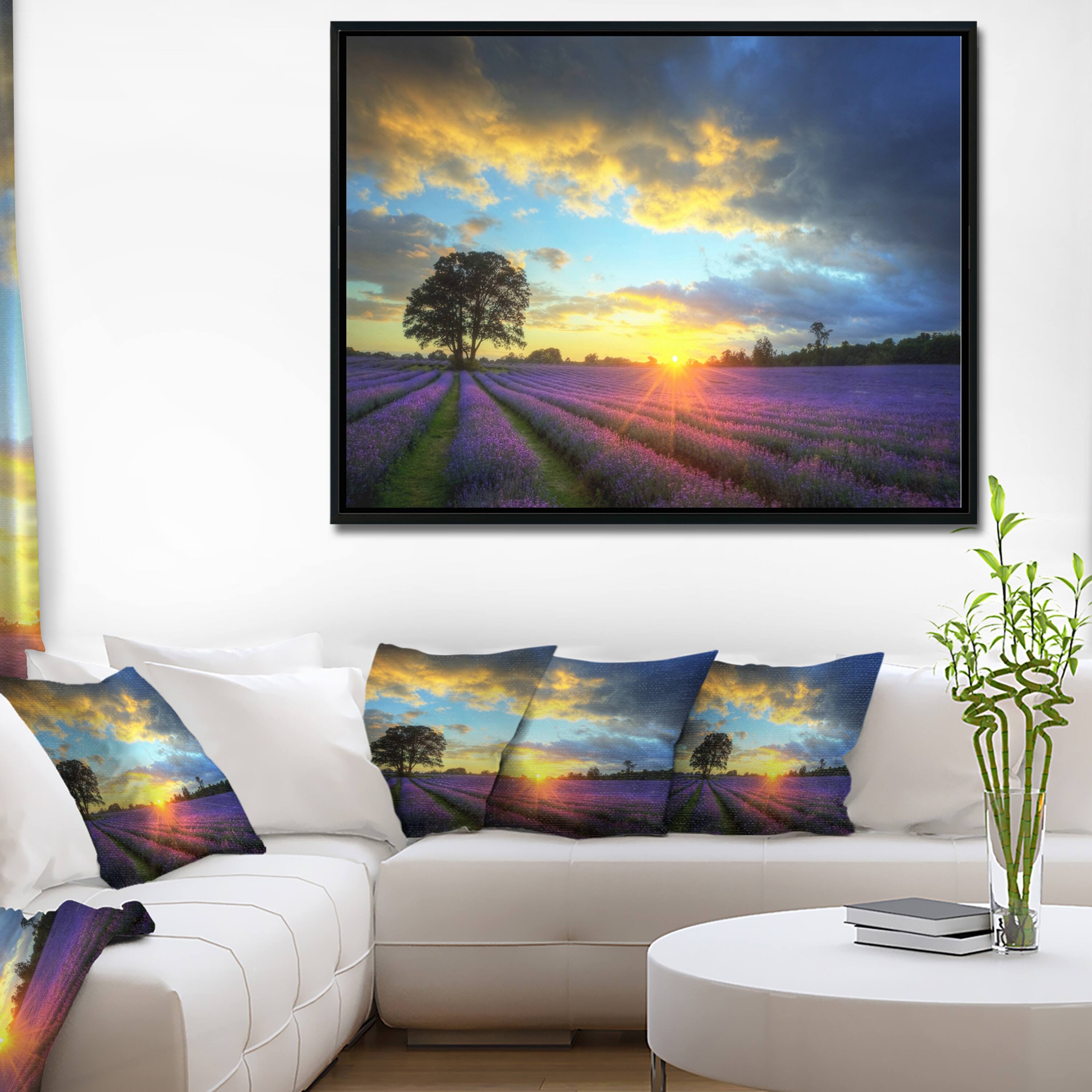 Designart - Stunning Sunset over Lavender Fields - Large Flower Canvas Wall Art in Black Frame