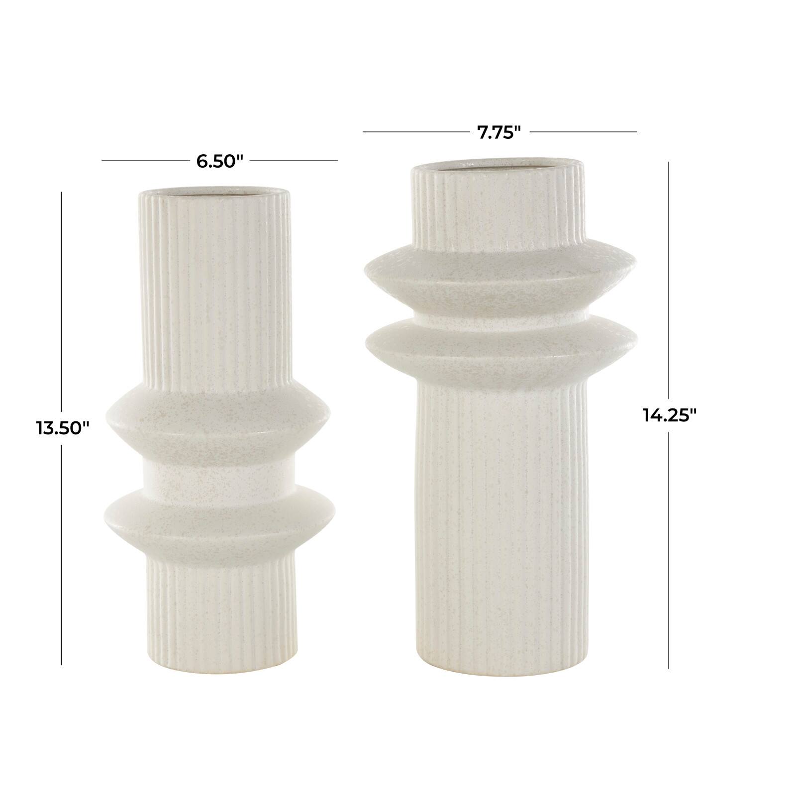 White Ceramic Abstract Ribbed Vase with Speckled Texturing