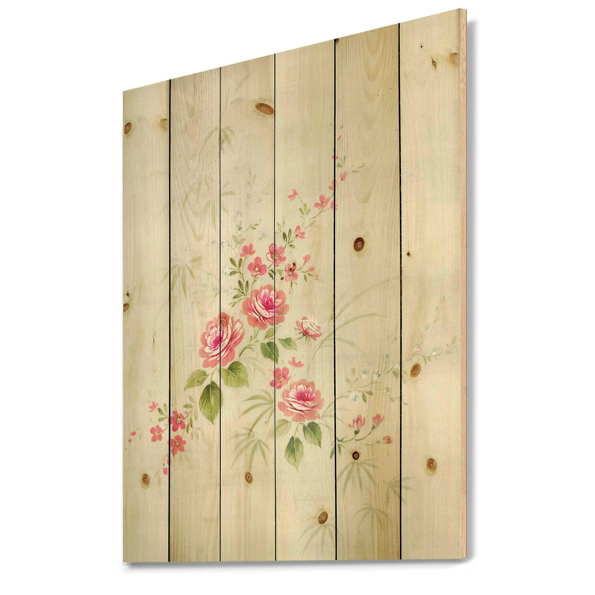 Designart - Retro Drawing of Flowers II - Vintage Print on Natural Pine Wood