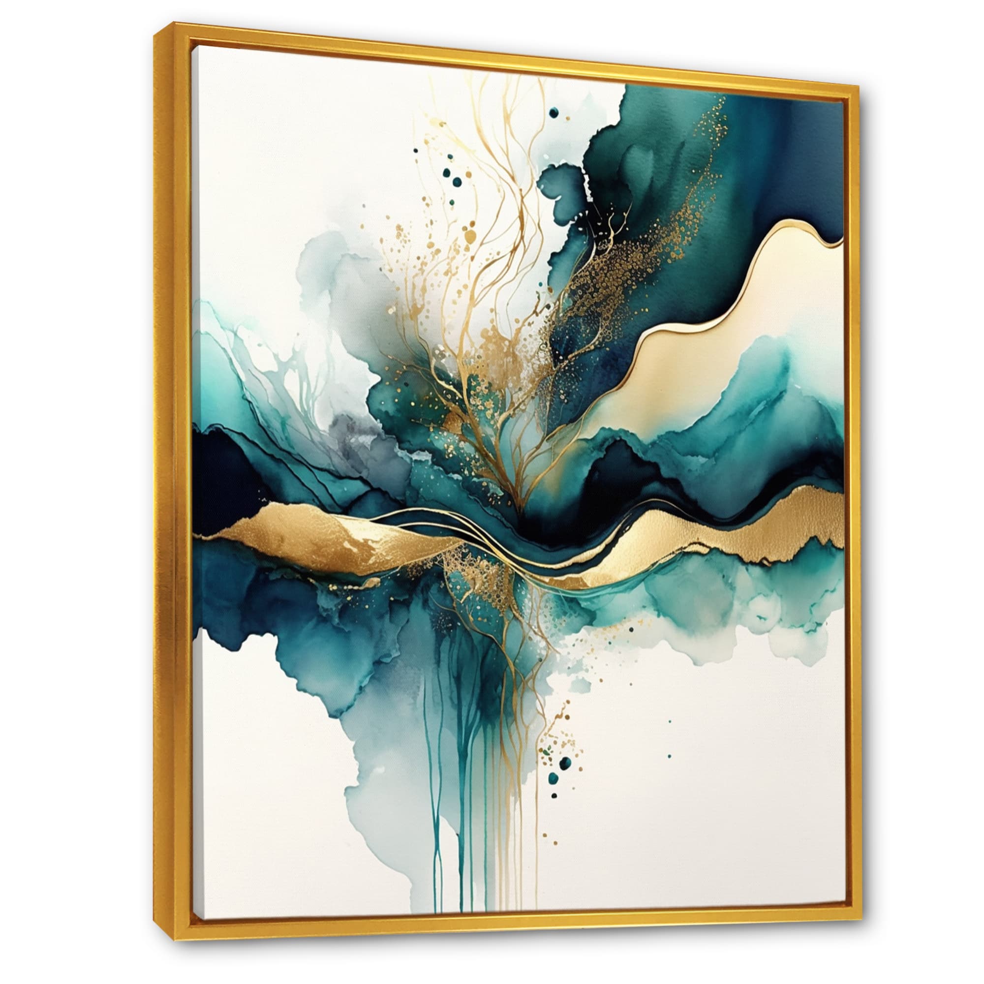 Designart 'Teal And Gold Abstract Expression III' Modern Framed Canvas Wall Art