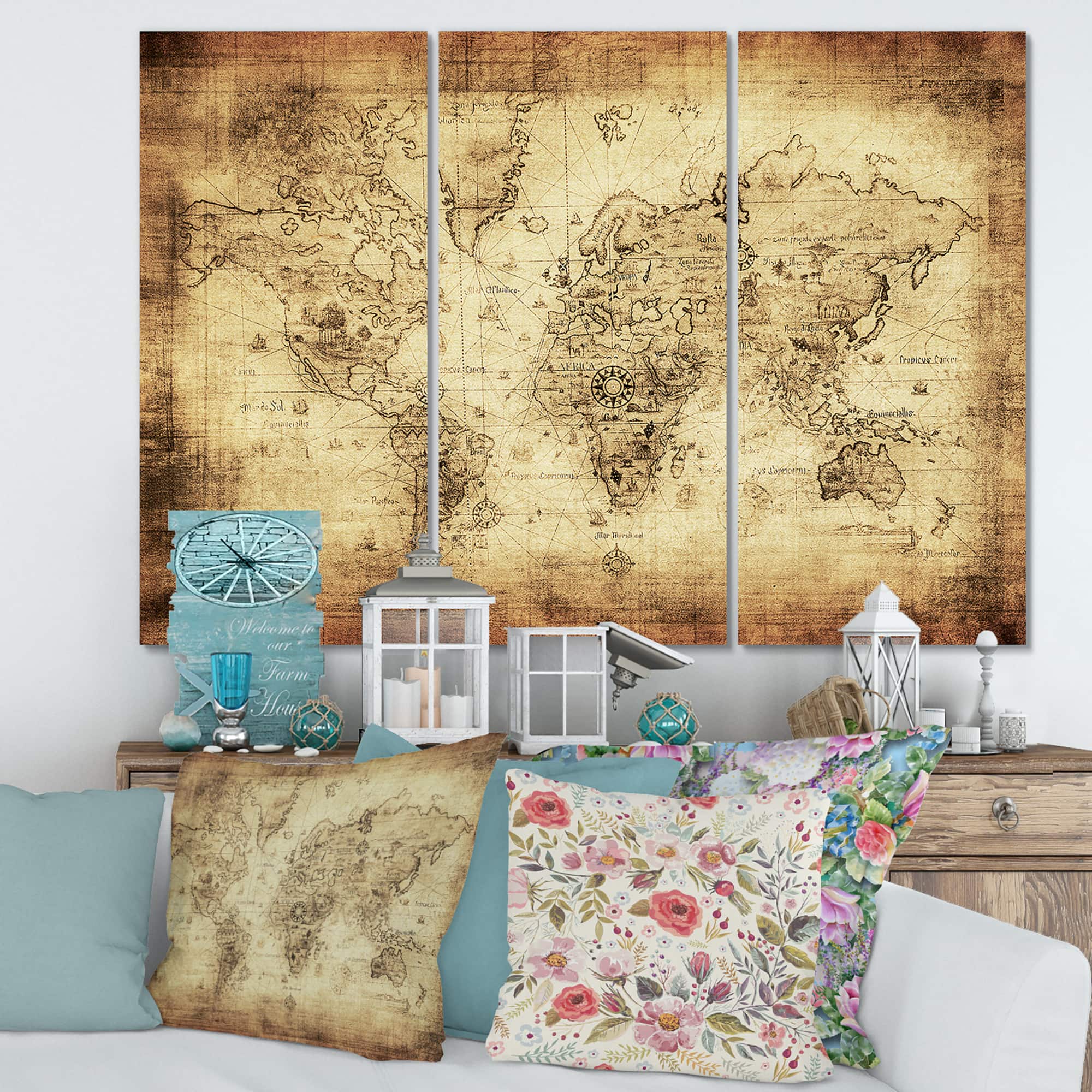 Designart - Ancient Map of The World IV - Vintage Canvas Wall Art Print