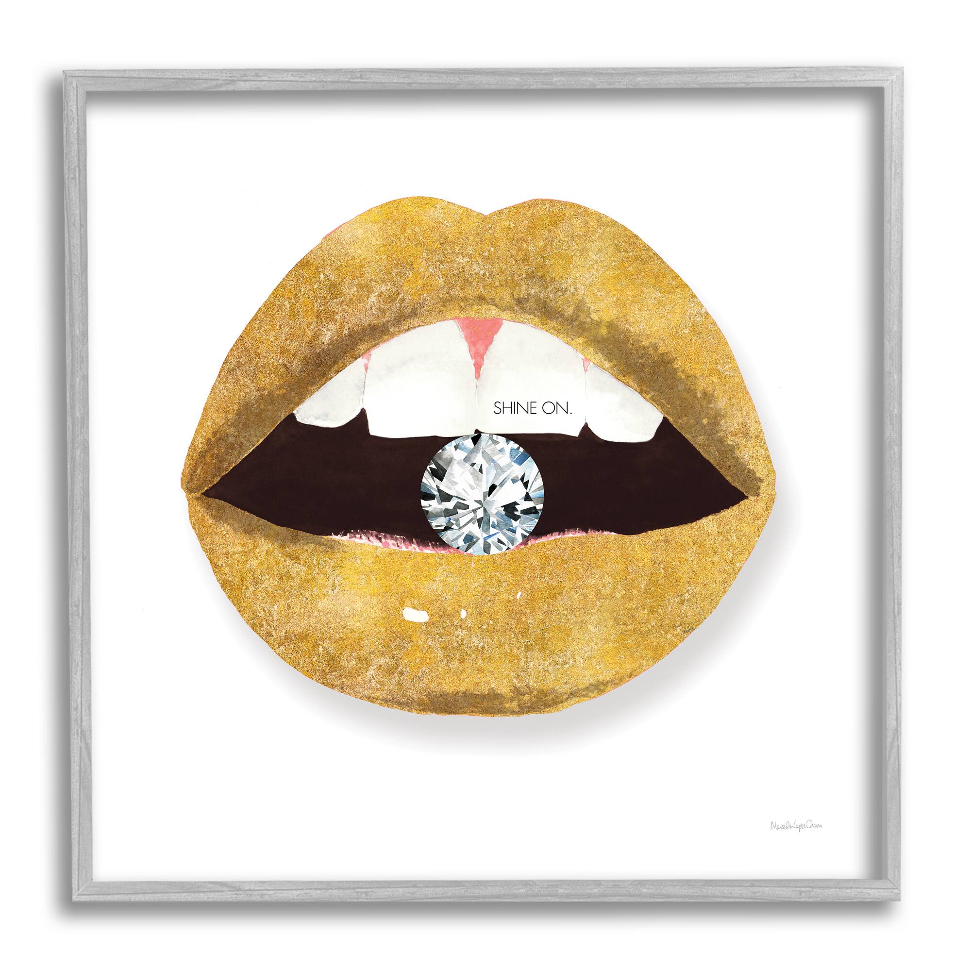 Stupell Industries Shine On Sentiment Gold Lips Glam Diamond Bite Framed Wall Art