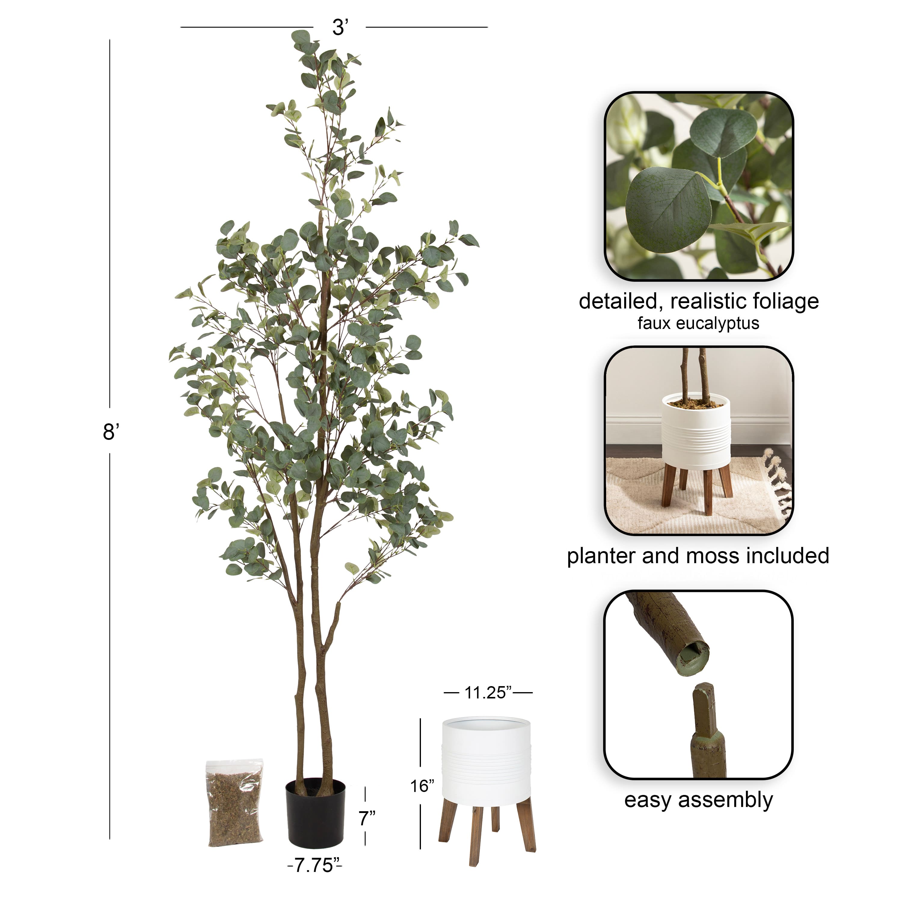 Kate and Laurel 8ft. Green Eudora Faux Eucalyptus Tree in Planter