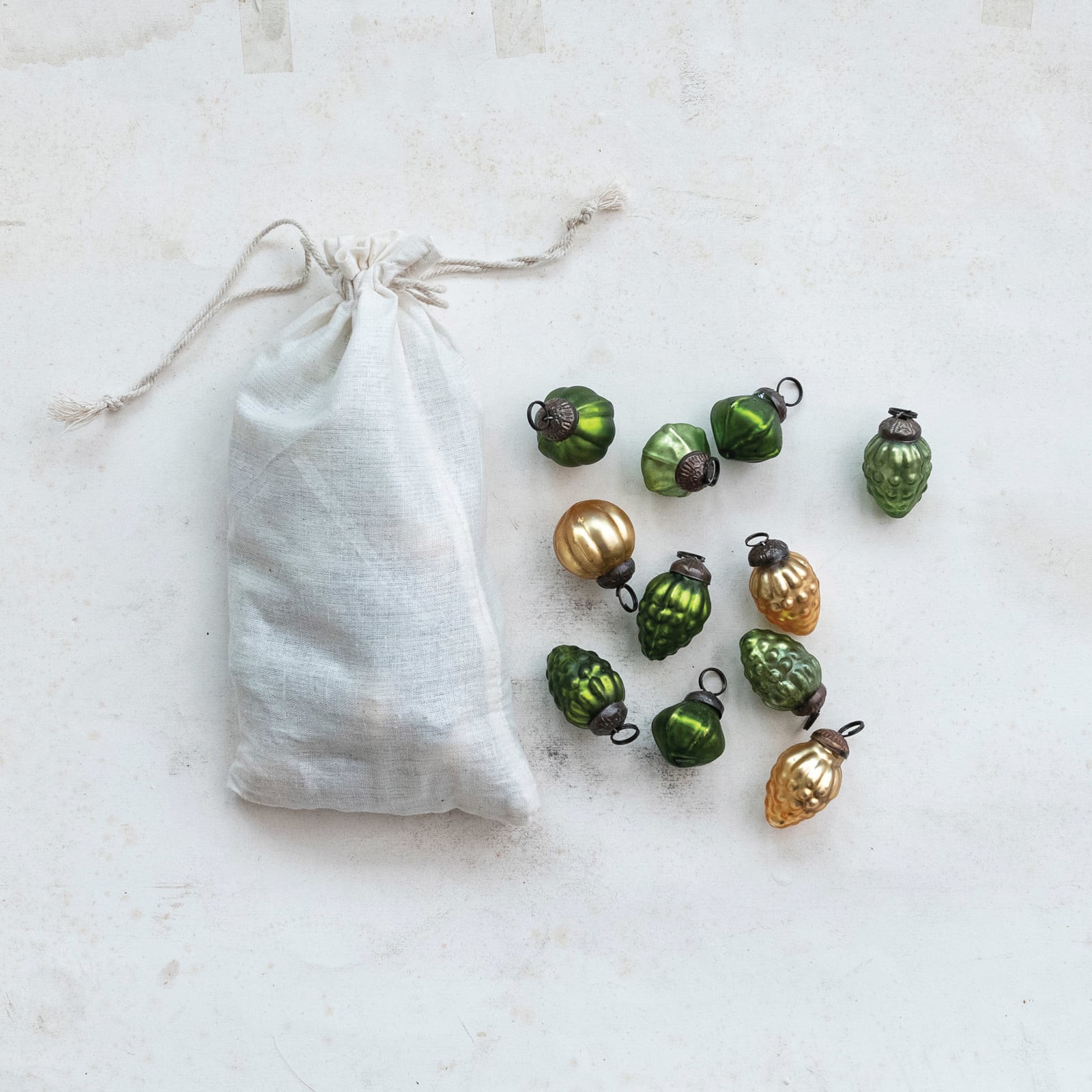 Hello Honey® 1" Green & Gold Embossed Mercury Glass Ornament Set in Muslin Bag