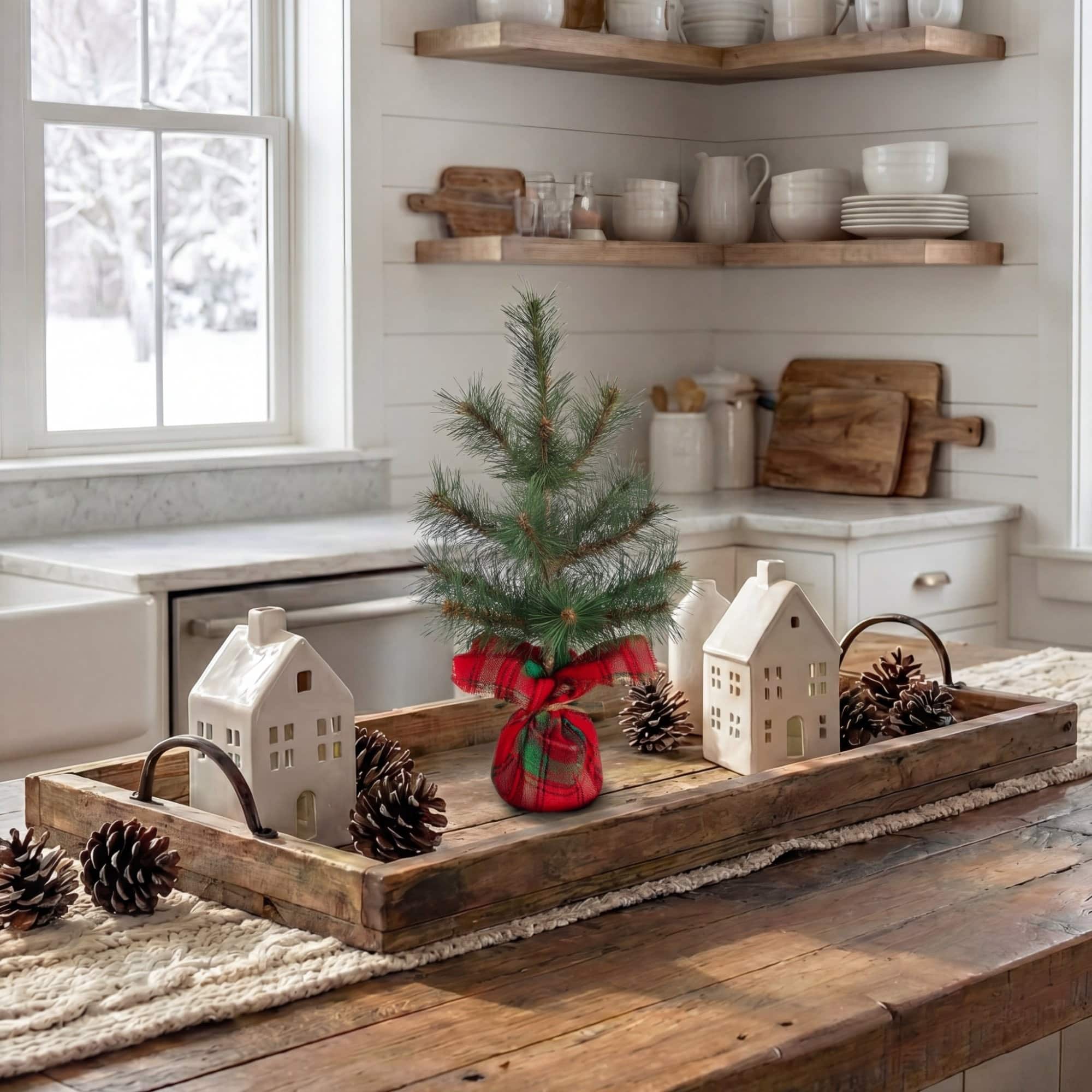Nearly Natural 16" Unlit Artificial Christmas Tree with Tartan Plaid Flannel Wrapped Base