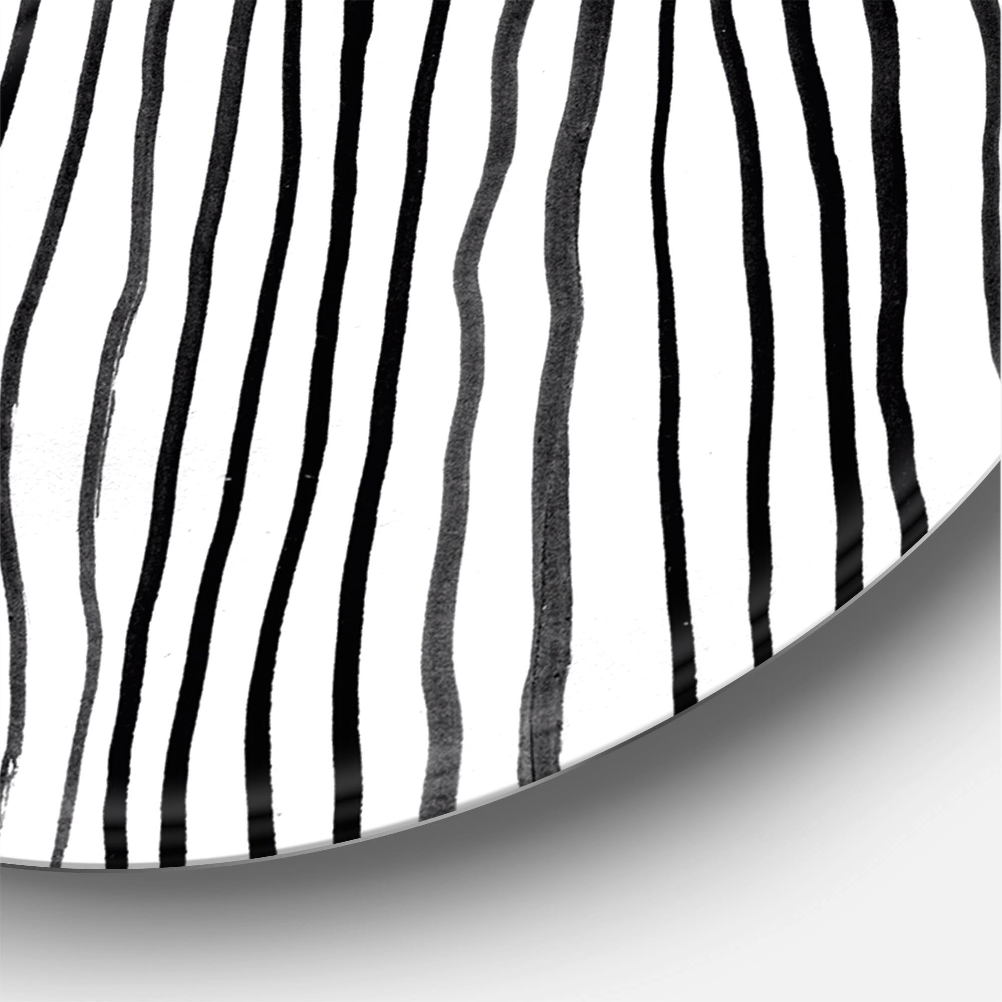 Designart - Black and White Tropical Leaf On Striped III - Modern Metal Circle Wall Art