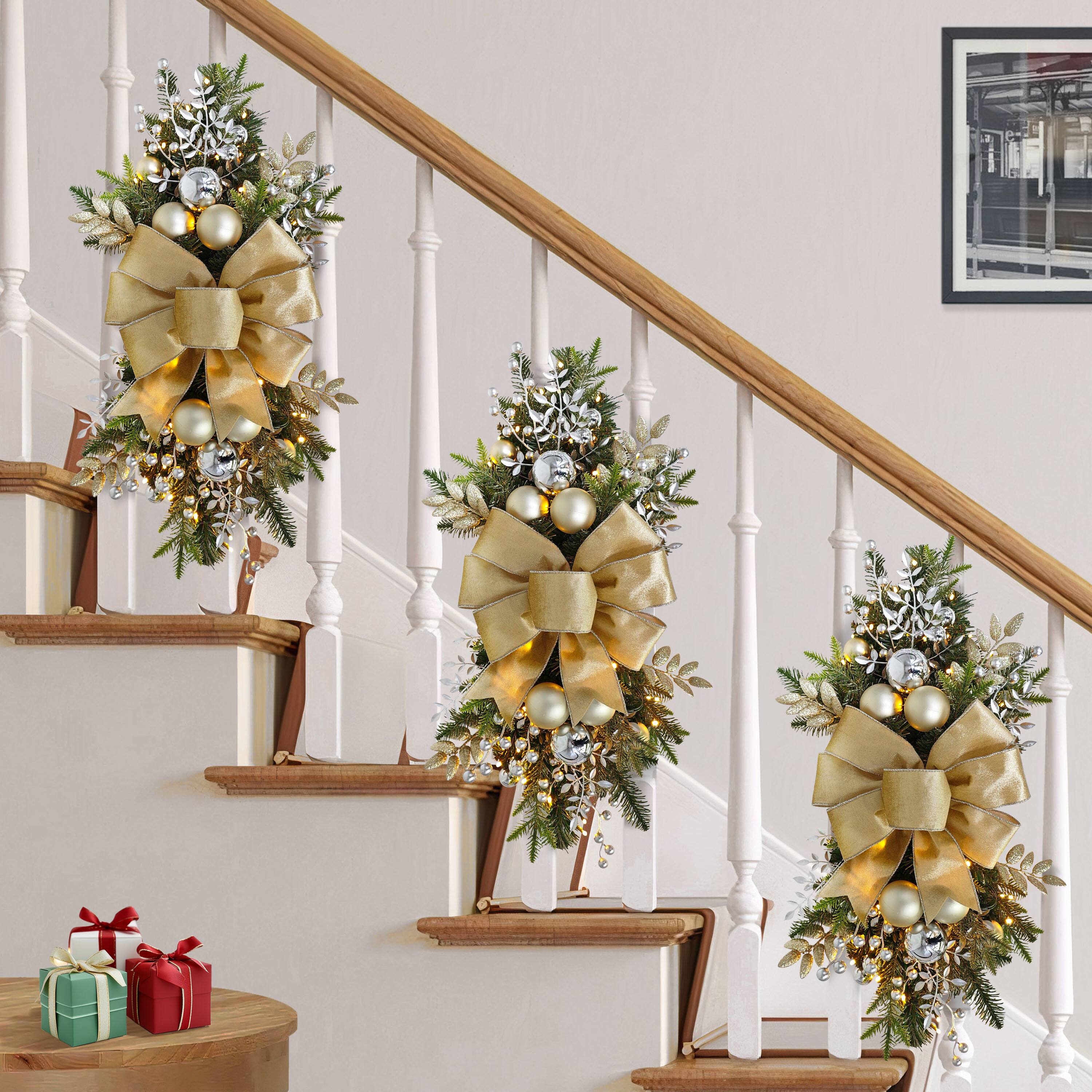 28" Pre-Lit Gold & Silver Adorned Artificial Banister Swag