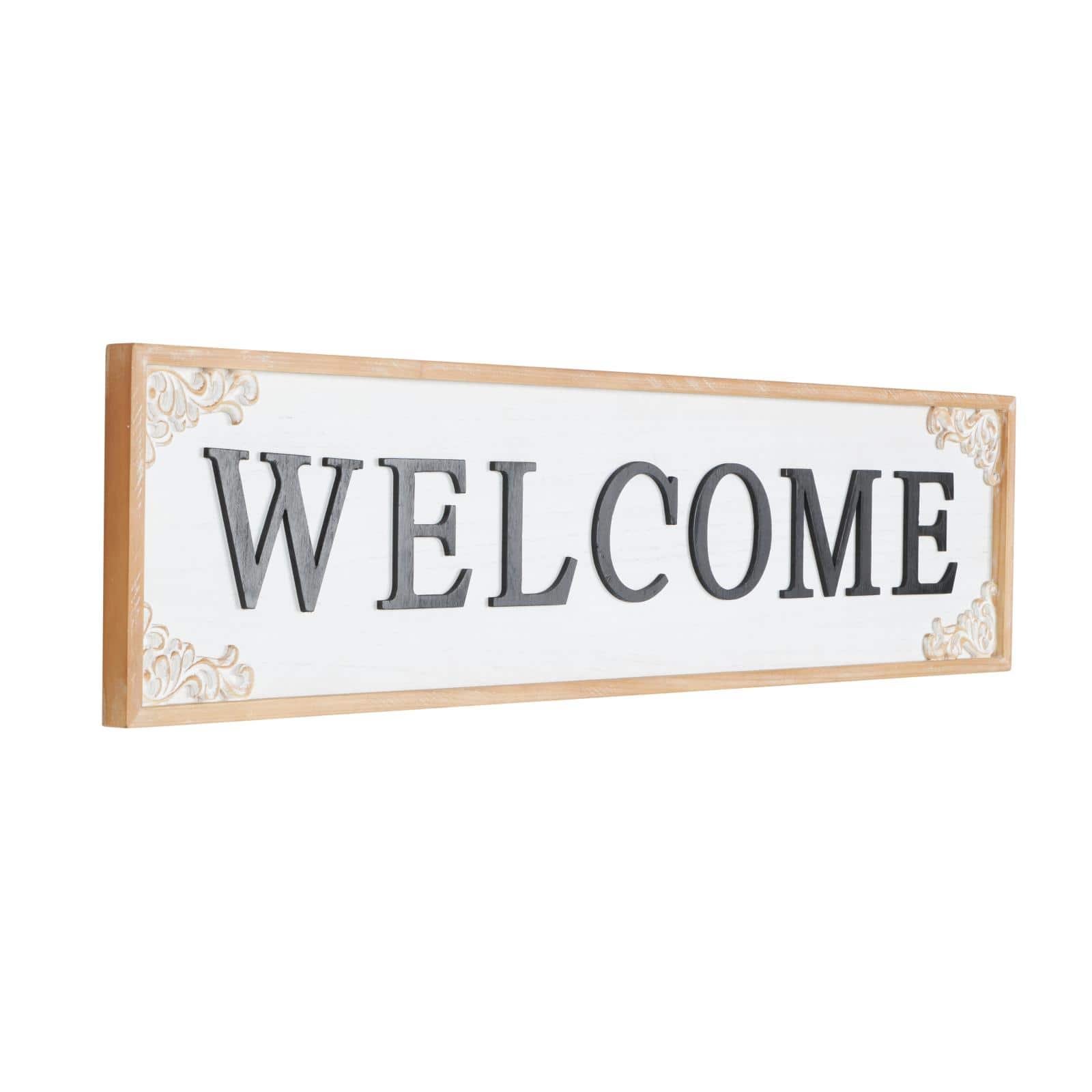 46" x 11" White with Scroll Details Wooden Welcome Sign Wall Décor