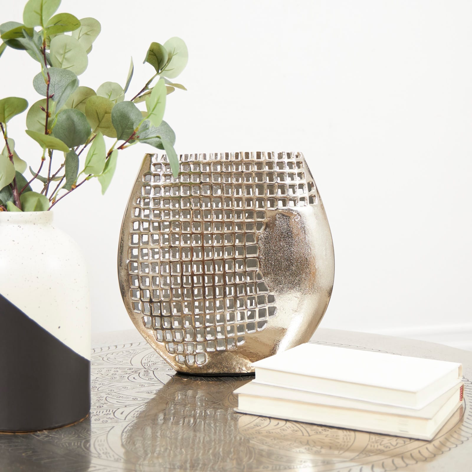13" Dark Gray Aluminum Grid Inspired Abstract Vase with Open Frame Design
