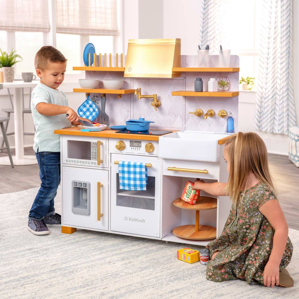 KidKraft Simply Stylish Wooden Play Kitchen Set with Lights, Choppable Food & Accessories