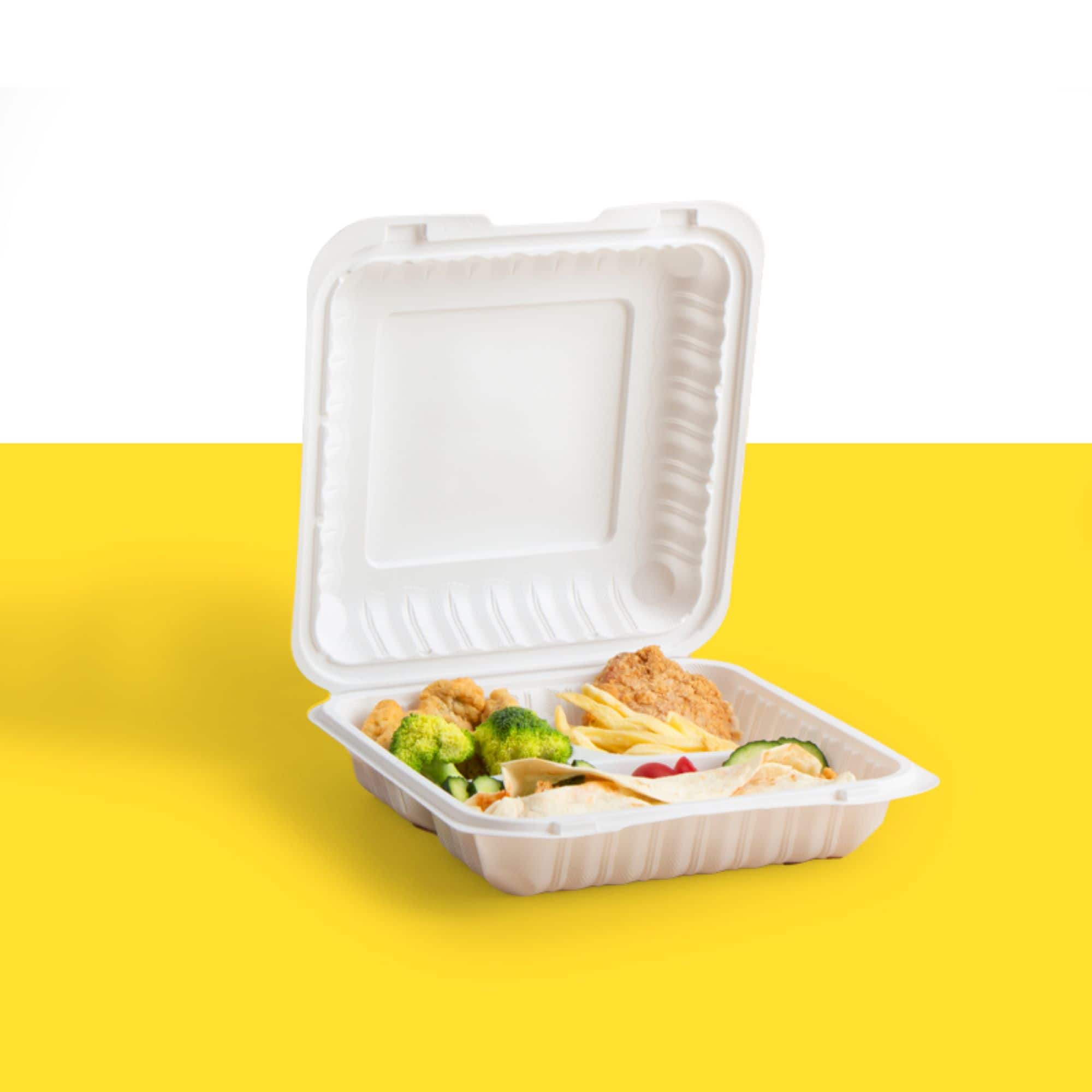 9" White 3-Compartment Clamshell Take Out Containers, 150ct.