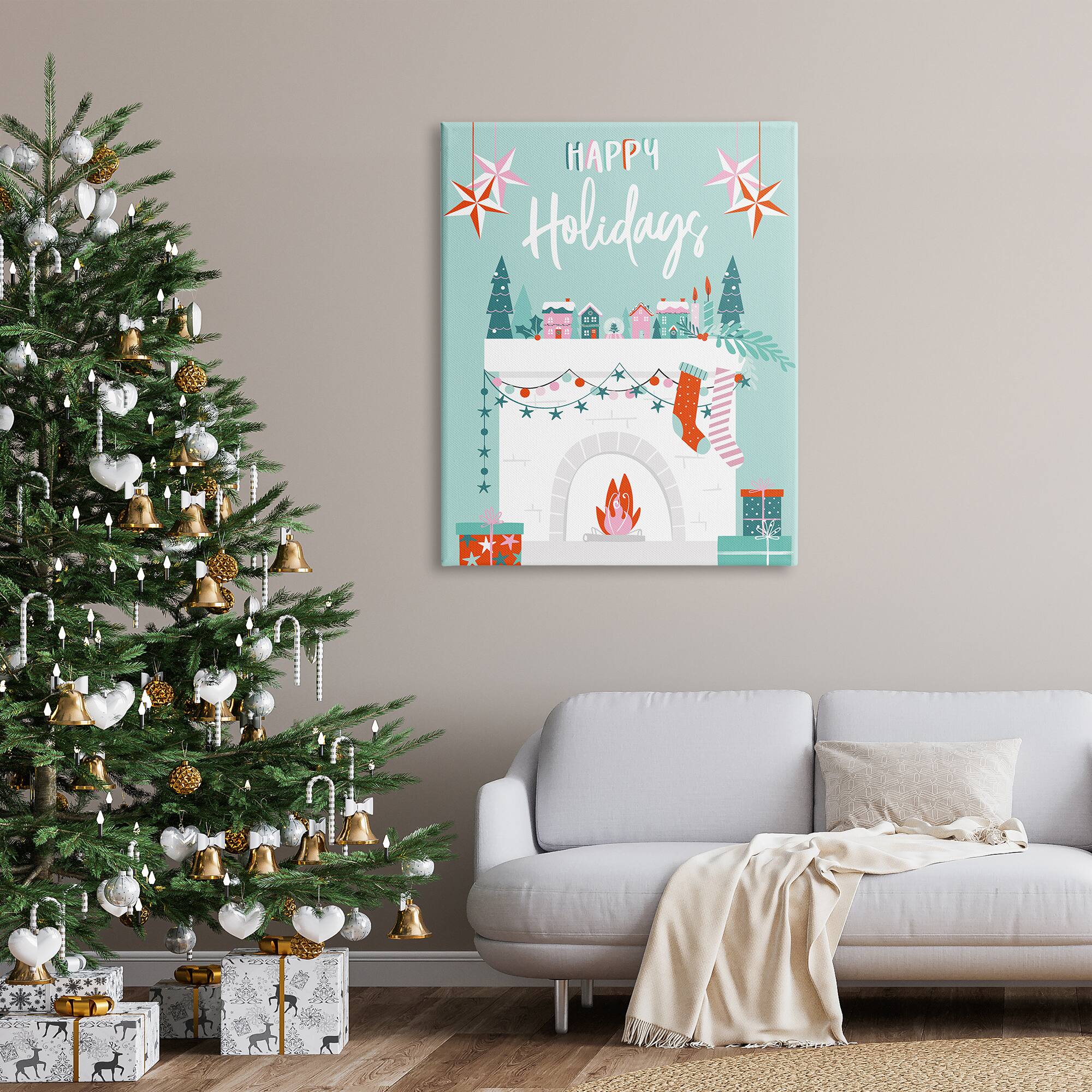 Stupell Industries Happy Holidays Festive Mantel Stockings Canvas Wall Art