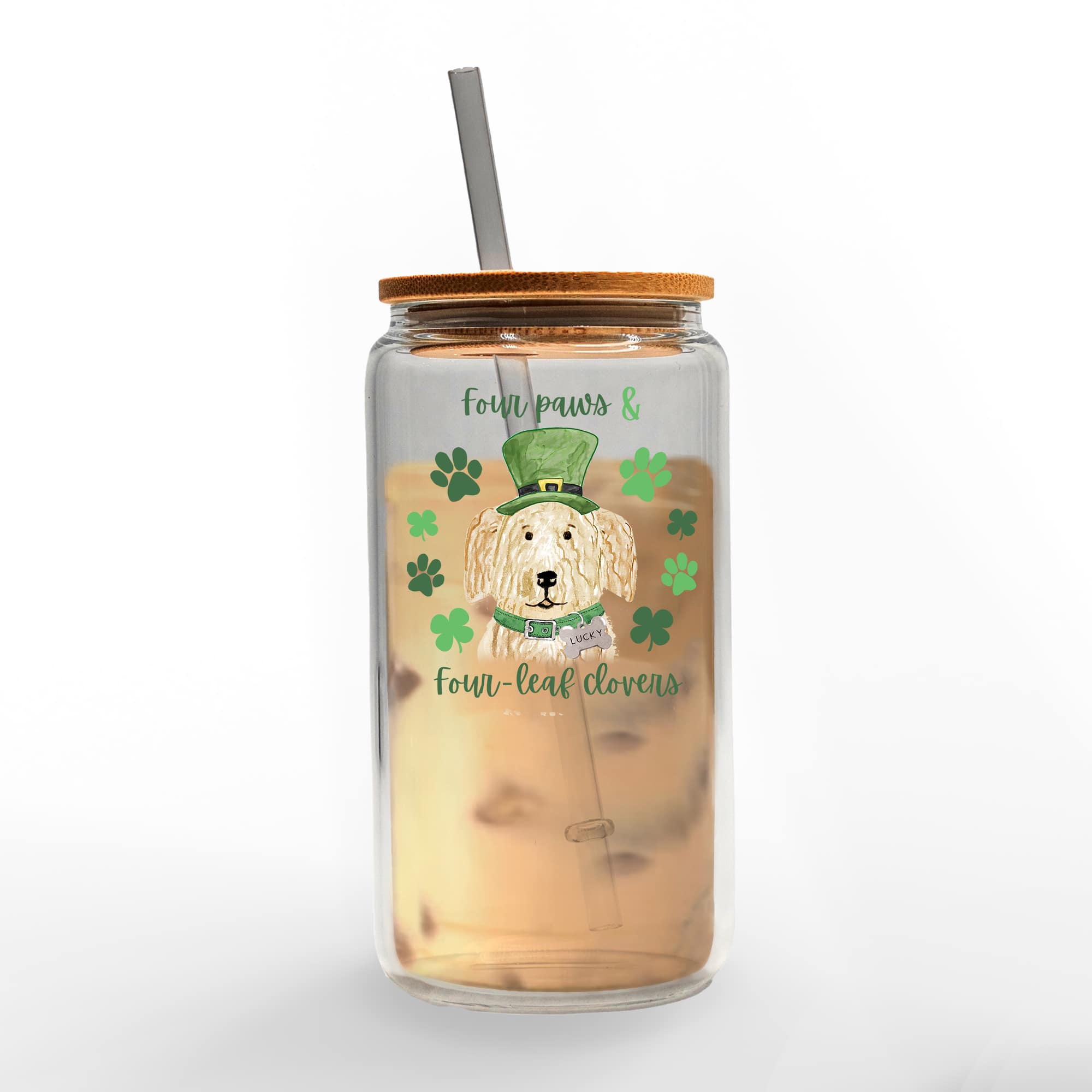 16oz. Four Paws Four Leaf Clover Glass Can Cup