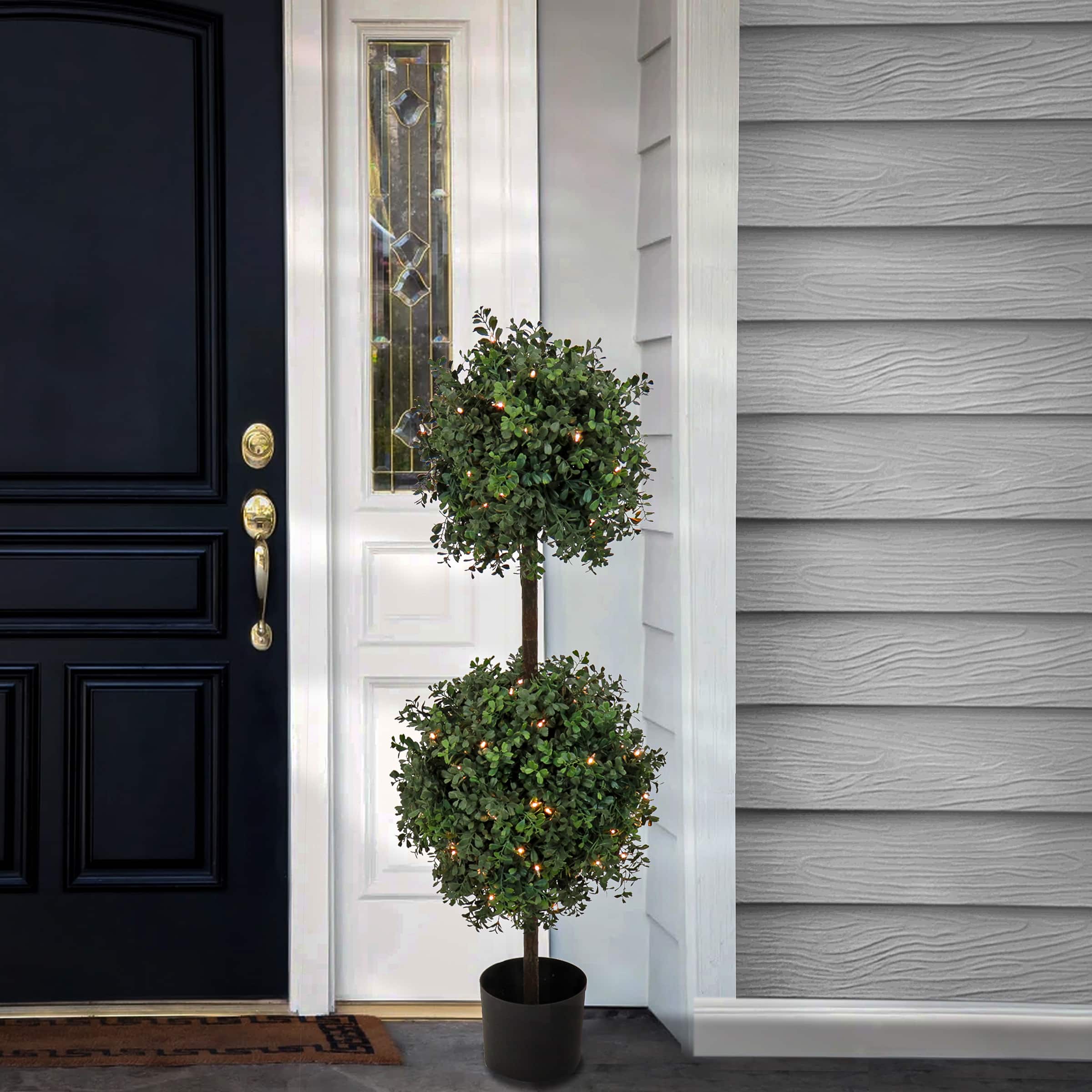 46" Pre-Lit Boxwood Double Ball Topiary in Nursery Pot