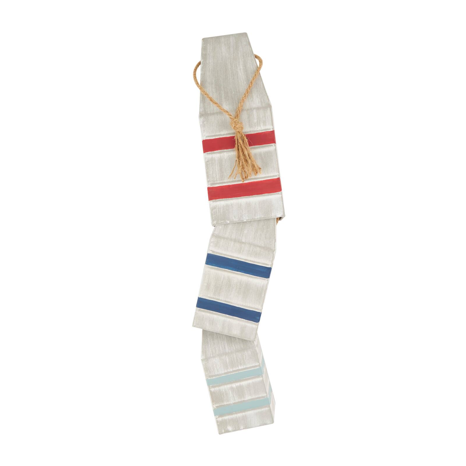 White Metal Striped Buoy Sculpture with Rope Handles Set