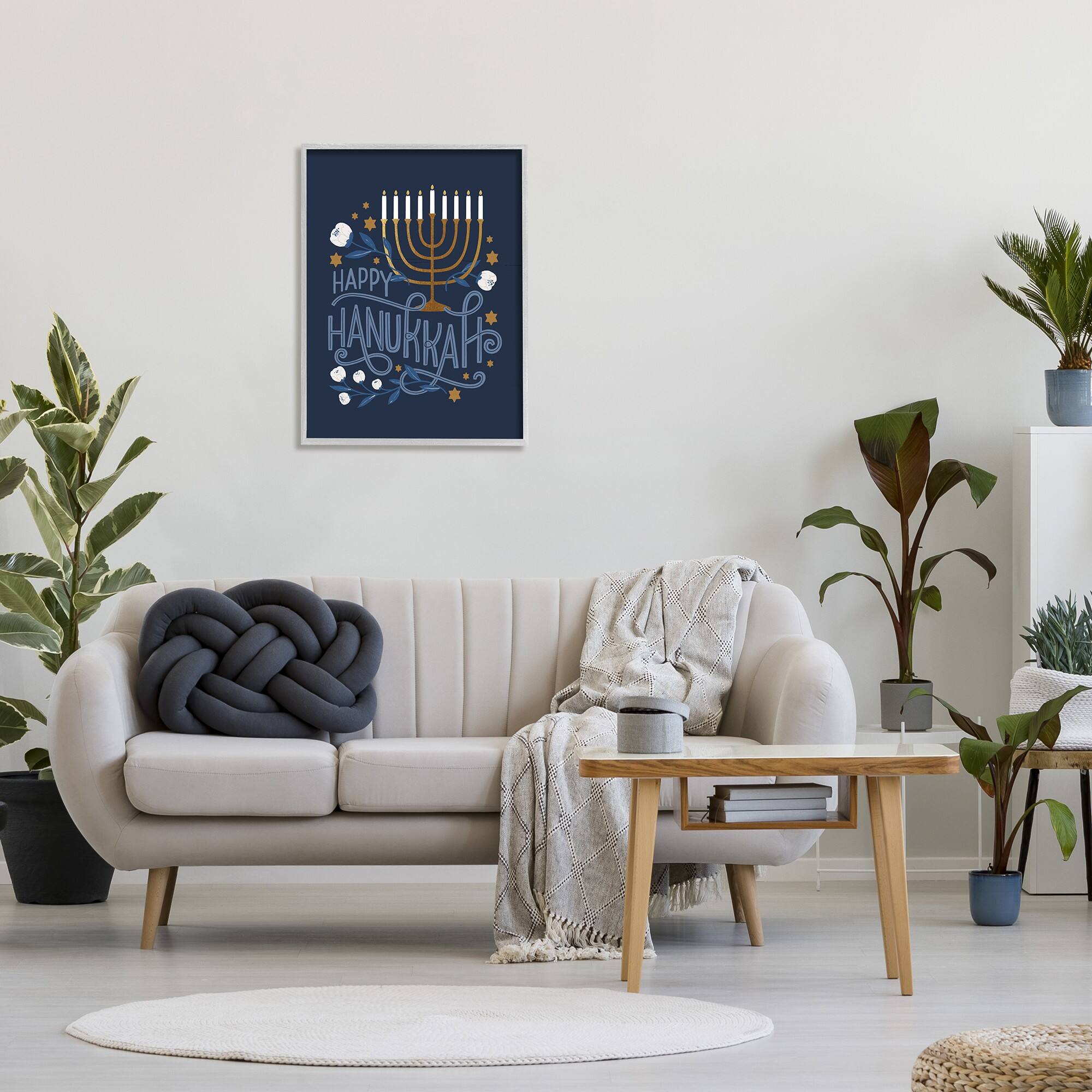 Stupell Industries Happy Hanukkah Traditional Menorah Symbols Framed Giclee Art